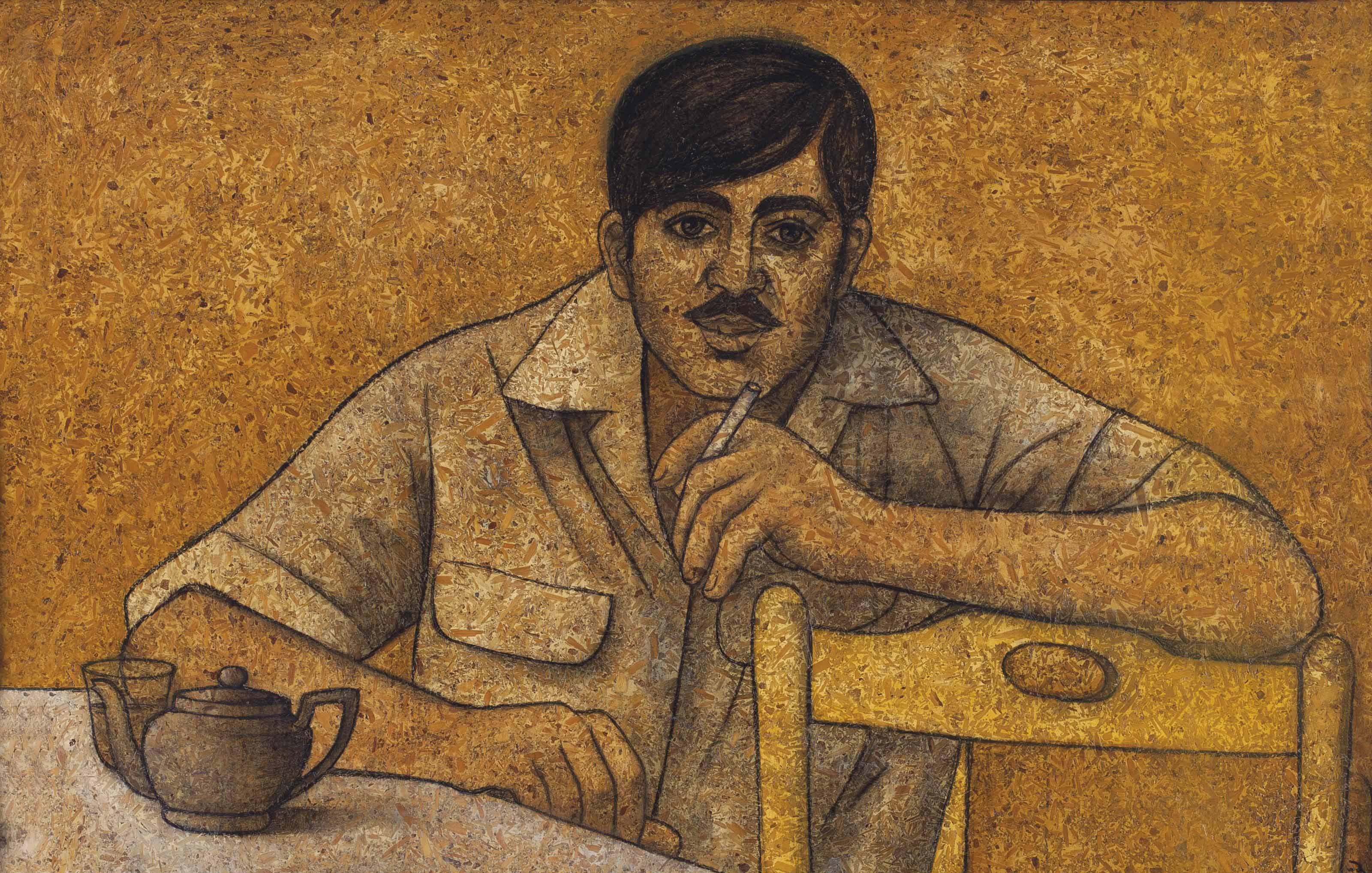 Cette image représente un homme assis à une table. Il a un regard pensif et semble pensif, tenant une cigarette entre ses doigts. Il porte une chemise claire et a une moustache bien dessinée. La table sur laquelle il est assis est simple, avec deux tasses et une théière, et une chaise jaune se trouve à côté de lui. Le fond de l'image est d'un ton chaud, avec des nuances de jaune, ce qui crée une atmosphère chaleureuse et intime. Le style de l'œuvre semble être influencé par l'art figuratif, avec des contours marqués et des détails stylisés.