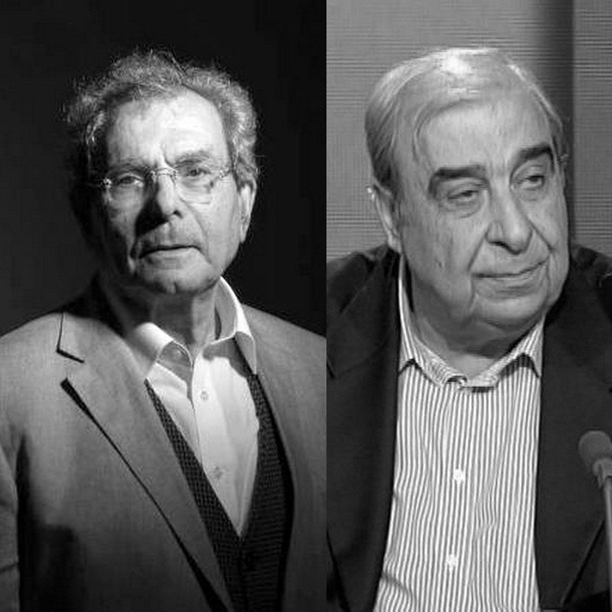 Je ne peux pas identifier les personnes dans l'image. Cependant, je peux dire qu'il s'agit d'une composition avec trois portraits en noir et blanc. Les personnes présentent des expressions sérieuses et semblent être des hommes d'âge mûr. La lumière met en valeur leurs visages et leurs traits.