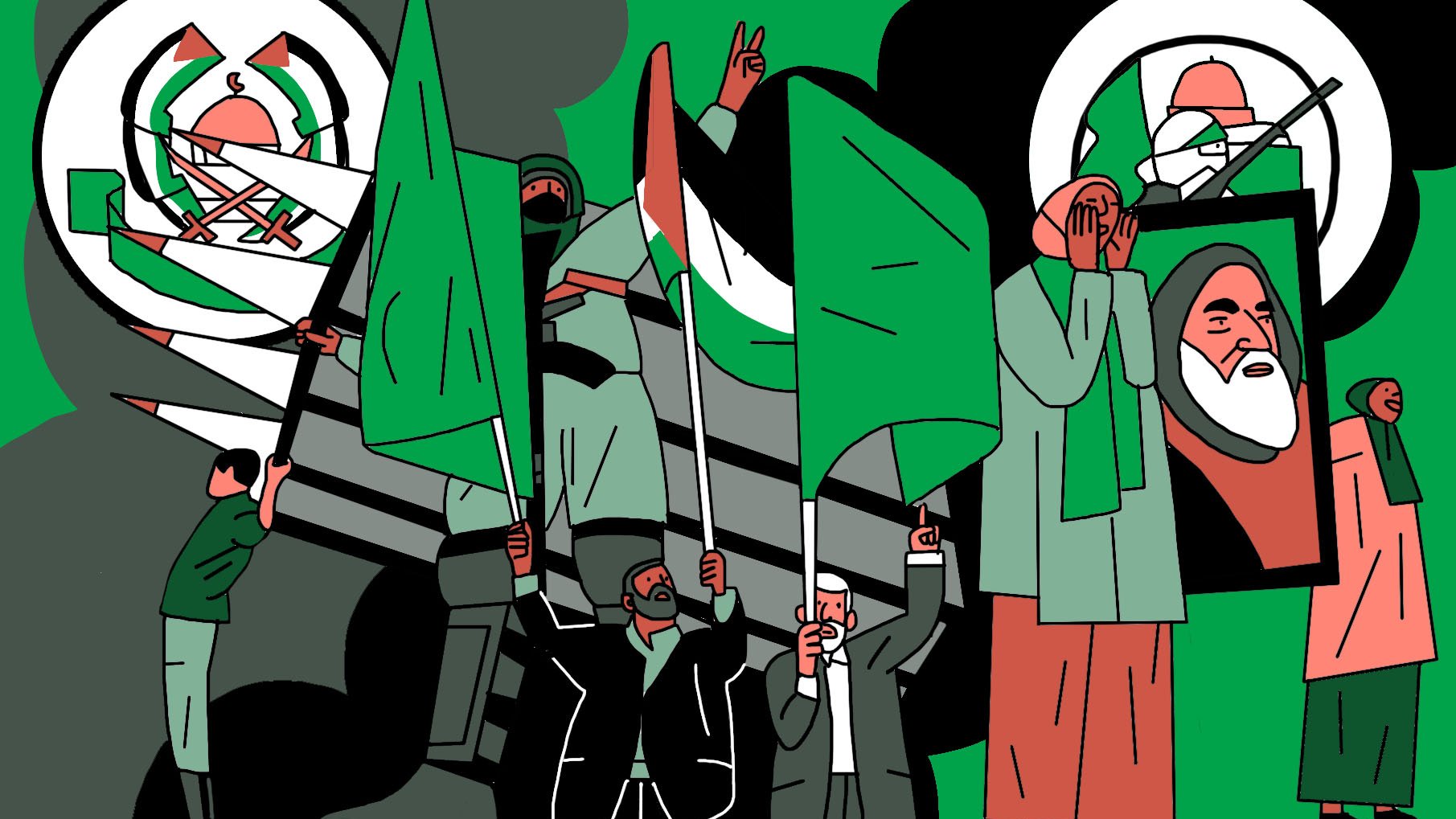 L'immagine presenta un gruppo di persone che sventolano bandiere verdi, simboleggiando un messaggio di unità o protesta. Alcuni individui indossano abiti tradizionali e altri abiti moderni. Sullo sfondo, si possono notare elementi militari, come un carro armato, e immagini simboliche, che potrebbero rappresentare figure di leadership o di riferimento. L'uso di colori vivaci e forme stilizzate conferisce all'immagine un carattere grafico e dinamico.