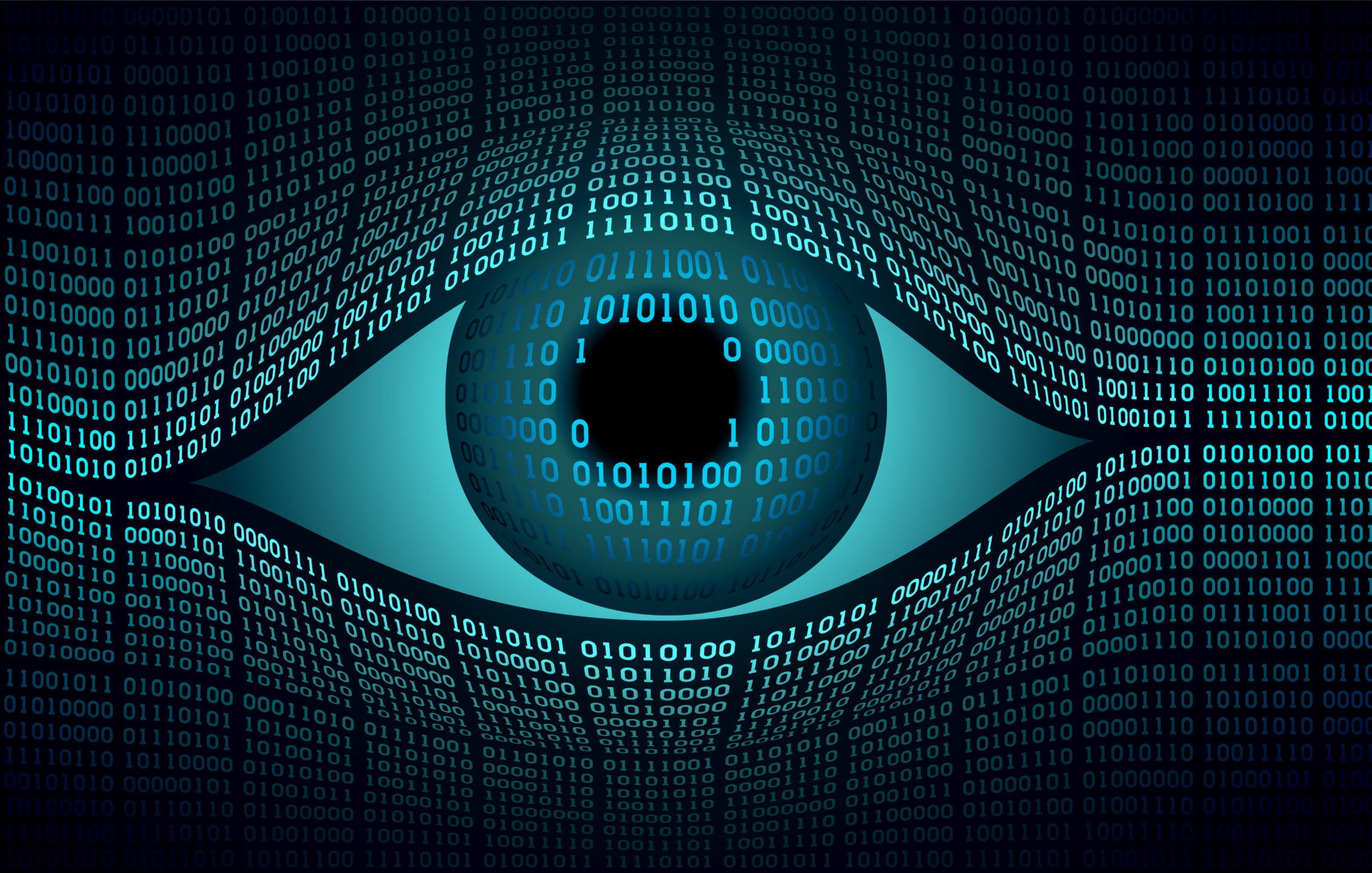 L'image présente un œil stylisé au centre, entouré de motifs de chiffres binaires (0 et 1) qui forment une sorte de fond numérique. Les chiffres sont disposés de manière à évoquer une impression de profondeur et de mouvement, ce qui renforce le thème technologique et numérique. Les couleurs dominantes sont des nuances de bleu, accentuant une ambiance futuriste et technologique. L'ensemble de l'image évoque des concepts liés à l'informatique, à la surveillance ou à l'analyse des données.