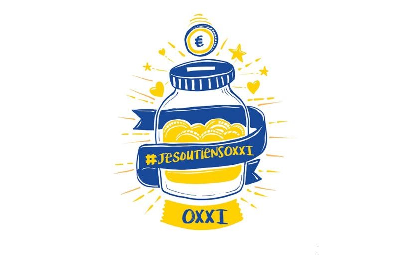 L'image représente un dessin stylisé d'un pot rempli de pièces de monnaie. Autour du pot, il y a une bande bleue avec le slogan "#JESOUTIENSOXXI". En haut, une pièce de monnaie est illustrée, et des cœurs ornent le design, ajoutant une touche de convivialité. Les couleurs dominantes sont le bleu et le jaune, ce qui donne à l'ensemble une atmosphère dynamique et engageante.