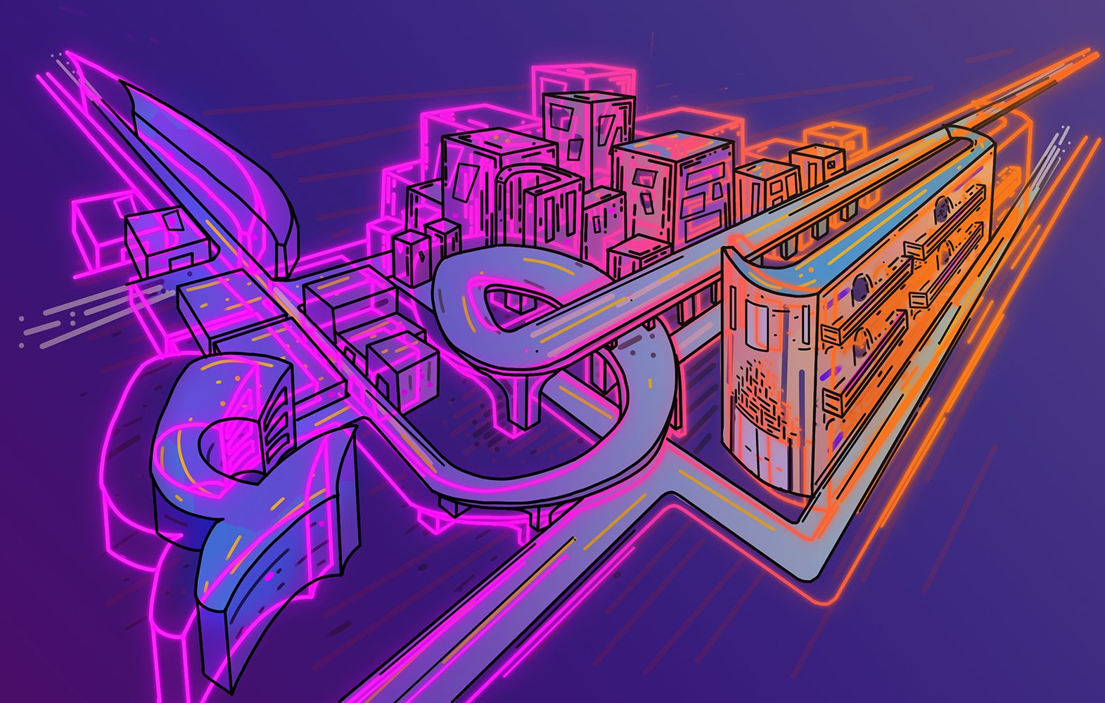 L'image présente un design graphique stylisé et coloré, avec des nuances de rose, bleu et orange. On y voit une représentation abstraite d'une ville, avec des bâtiments aux formes géométriques et un chemin qui serpente à travers le paysage urbain. Les lignes sont dynamiques et donnent une impression de mouvement, tandis que les couleurs vives ajoutent une touche futuriste et vibrante à l'ensemble. Le fond est dégradé, accentuant l'effet moderne de la composition.