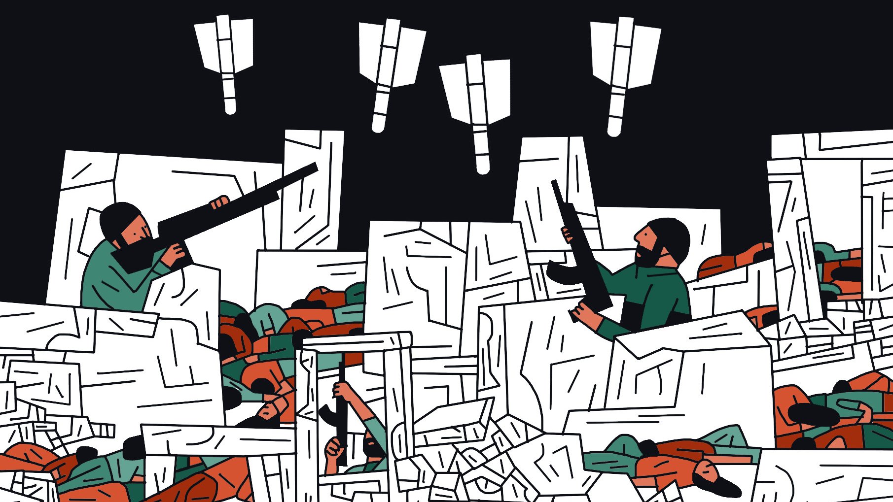 La imagen muestra una escena caótica de lo que parece ser un conflicto o una batalla. Hay figuras humanas que se encuentran entre escombros y ruinas, algunas de ellas sosteniendo armas. Varias personas parecen estar luchando mientras otras están en el suelo. En la parte superior, se pueden ver proyectiles o misiles cayendo, lo que aumenta la sensación de tensión y desorden. El estilo artístico es gráfico y simplificado, utilizando una paleta de colores limitada con tonos oscuros y algunas áreas en colores más brillantes.