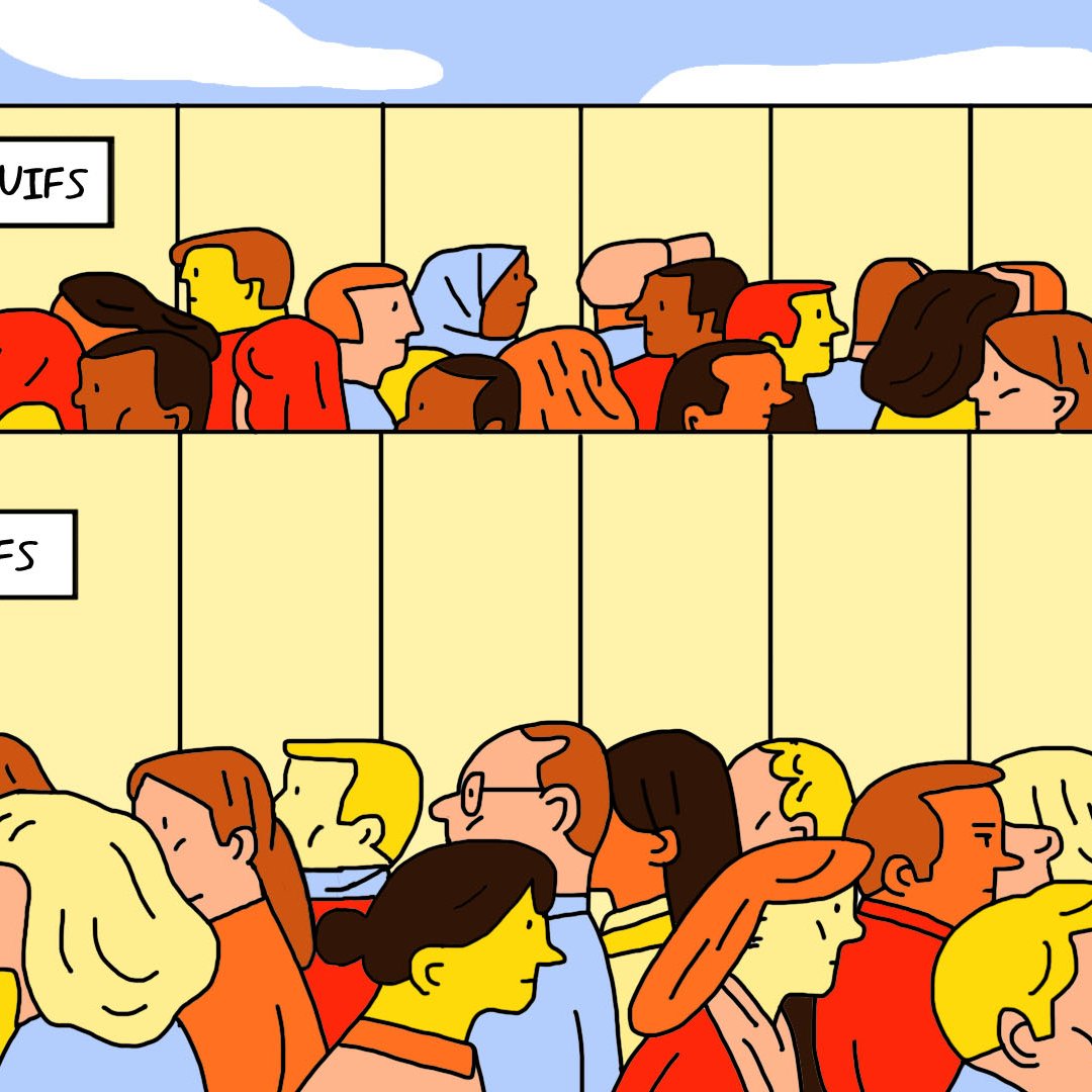 L'image montre une foule de personnes divisée en deux sections. En haut, il y a un panneau indiquant "NON JUIFS" et en bas, un autre panneau indiquant "JUIFS". La scène présente différentes personnes dans chaque section, chacune avec des caractéristiques distinctes. L'illustration semble aborder un thème de séparation ou de distinction entre groupes.