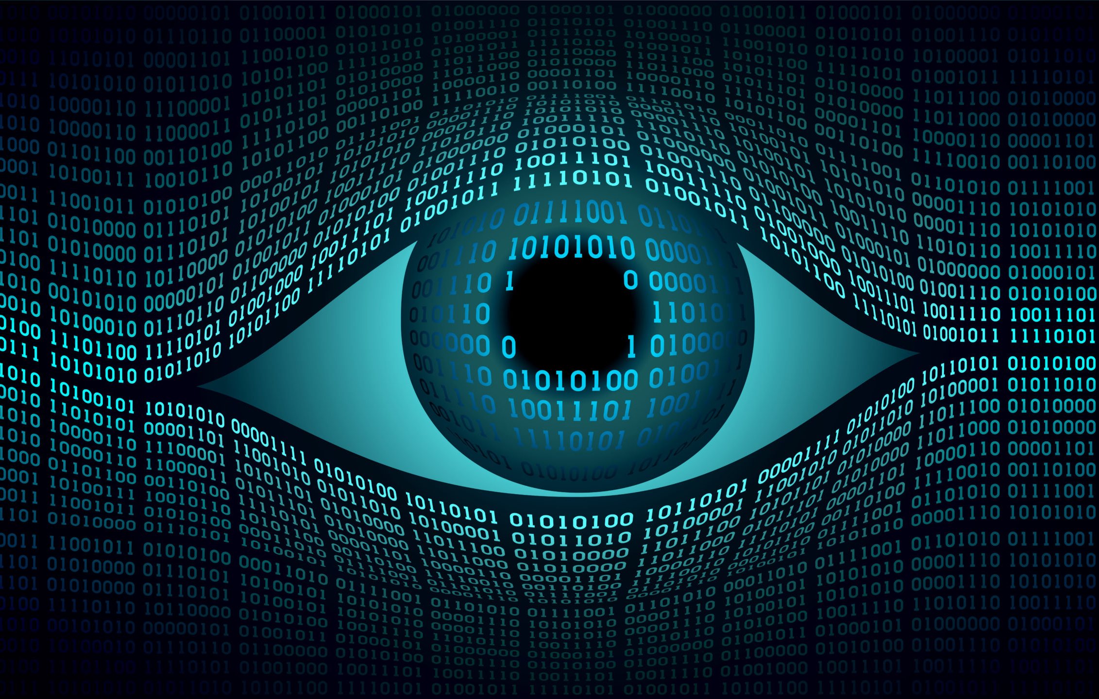 تظهر الصورة عينا كبيرة في منتصفها، محاطة بأرقام ثنائية (صفر وواحد) تتكرر بشكل متداخل. تُعبر الألوان الزرقاء والسوداء عن أجواء تقنية وعصرية، مما يعكس فكرة المعلومات والبيانات. العين تركز على رؤية أو مراقبة البيانات الرقمية، مما يوحي بإحساس بالتكنولوجيا والمعلوماتية.