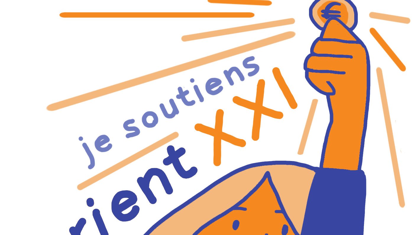 L'image représente une illustration stylisée d'une personne tenant une pièce de monnaie levée dans une main. Cette personne a un sourire amical et est entourée de mots soulignant le soutien à "orient XXI". Les couleurs utilisent principalement des tons d'orange et de bleu, créant un contraste saisissant. L'ensemble de l'image dégage une ambiance positive et engagée, suggérant un appel à l'action ou au soutien.