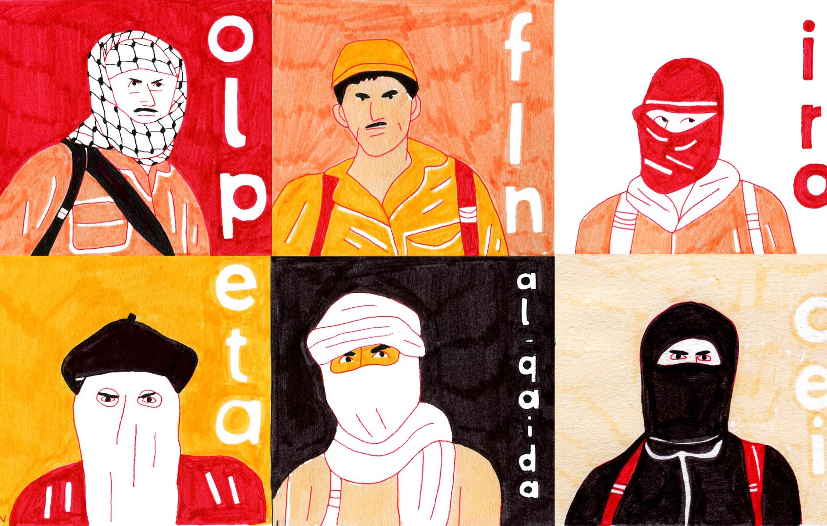 La imagen presenta un collage de seis personajes en un estilo artístico colorido. Cada personaje está representado con diferentes vestimentas y rostros parcialmente cubiertos, lo que sugiere una temática relacionada con grupos militantes o conflictos. Los colores de fondo varían entre tonos cálidos y fríos. Las palabras "olpeta", "final", "ira" y "al-qaida" están visibles, lo que podría indicar un mensaje de protesta o un comentario sobre la guerra y el extremismo. La obra utiliza una mezcla de técnicas de dibujo y pintura para crear una atmósfera impactante.