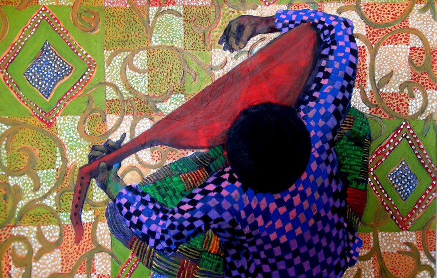 L'image représente une vue aérienne d'une personne assise sur un sol orné de motifs colorés et géométriques. La personne est habillée d'un vêtement à carreaux, avec des tons de bleu et de violet. Elle joue d'un instrument de musique à cordes, dont la forme est longue et légèrement courbée. Le fond est riche en motifs graphiques, avec des couleurs vives de vert, rouge et crème, créant un contraste dynamique avec le personnage central.