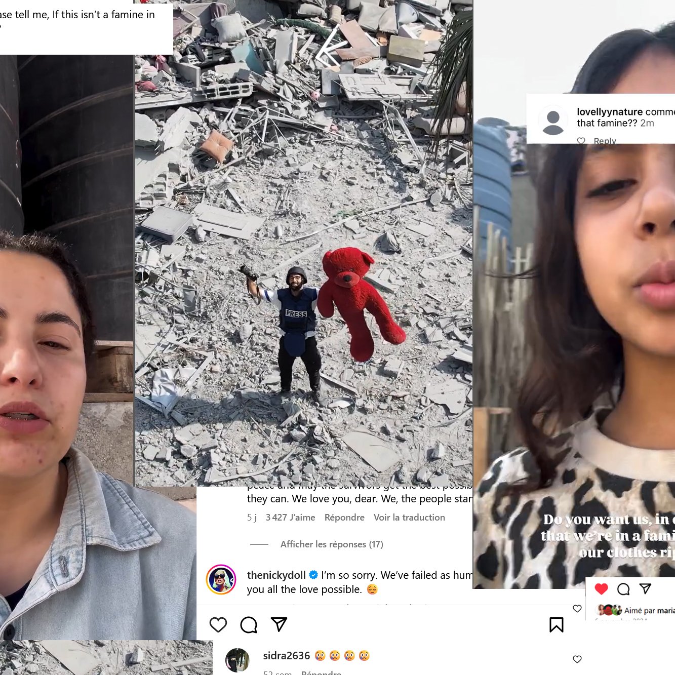 Une personne tient une peluche parmi les décombres, avec des visages parlant de famine.