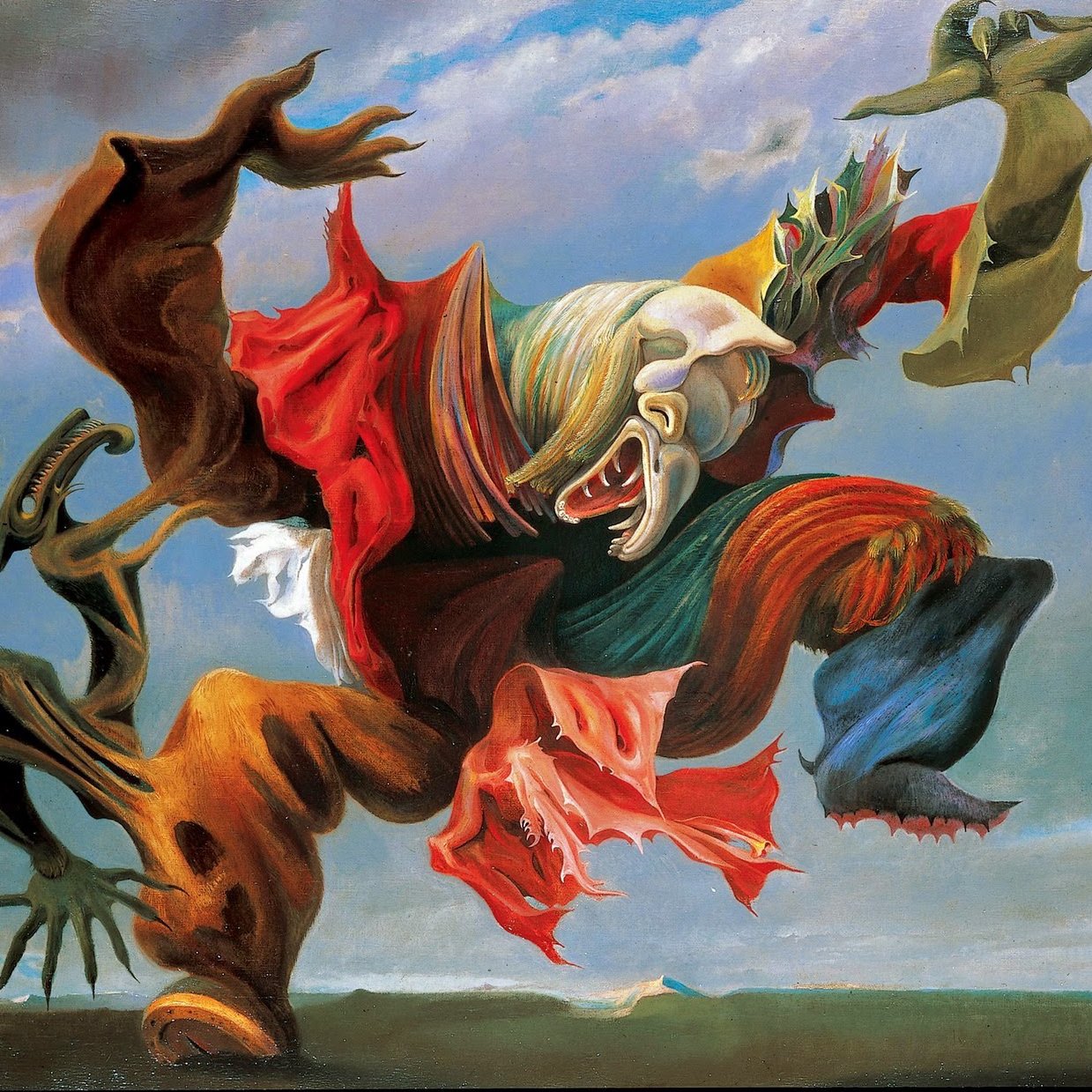 L'immagine presenta un dipinto surreale caratterizzato da figure ambigue e distorte. Al centro, una figura umana con un volto espressivo e deformato sembra muoversi in modo dinamico, mentre indossa abiti dai colori vivaci e in contrasto, che sembrano fluttuare. Intorno a essa, forme inquietanti e creature astratte si intrecciano, creando un senso di movimento e caos. Sullo sfondo, un cielo blu e una paesaggio sfumato offrono un contrasto con l'intensità della scena centrale, rendendo l'opera evocativa e provocatoria.