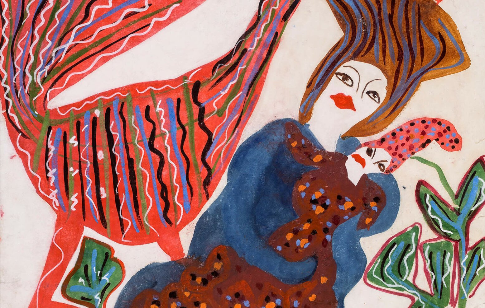 L'image présente une composition colorée et expressive. On y voit une figure centrale, probablement une femme, vêtue d'une robe bleu foncé ornée de motifs. Elle tient un enfant contre elle. À côté d'eux, un grand animal stylisé, évoquant un oiseau ou un dinosaure, est représenté avec des couleurs vives comme le rouge et le rose. Ce dernier semble avoir des motifs et des formes géométriques sur son corps. En arrière-plan, des éléments végétaux sont également présents, ajoutant à la richesse des couleurs et des textures de l'œuvre. L'ensemble dégage une atmosphère à la fois ludique et poétique.