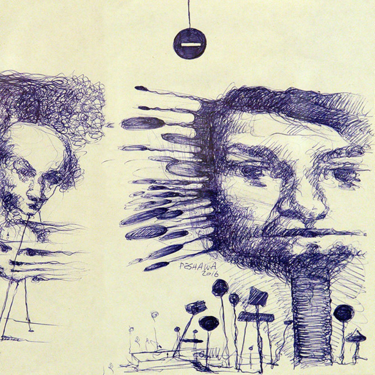 الصورة تبدو كعمل فني يتضمن رسومات باللون الأزرق، حيث تظهر مجموعة من الوجوه المتنوعة المعبرة والمشوهة قليلاً. في الجانب الأيسر، هناك عدة تفاصيل لوجوه بشرية تتداخل مع بعضها، بينما يظهر في الجانب الأيمن وجه آخر بشكل أكثر وضوحًا. تُستخدم الخطوط والأشكال لإضافة عمق وتعبيرات قوية، مما يخلق تأثيرًا فنيًا مميزًا. التصميم يبدو معقدًا ويعكس أسلوب فني حديث.