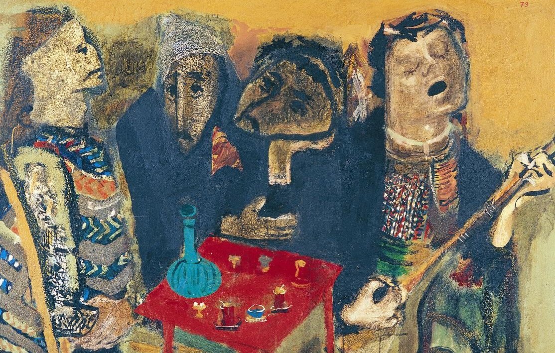 L'image représente un groupe de figures stylisées rassemblées autour d'une table rouge. L'une des figures est en train de jouer d'un instrument, tandis que les autres semblent écouter, créant une atmosphère de convivialité. Les personnages ont des traits exagérés et utilisent des couleurs vives, montrant un style artistique expressif. Le fond est d'un ton jaune, ajoutant à la chaleur de la scène. Cette œuvre évoque un moment de partage et de musique.