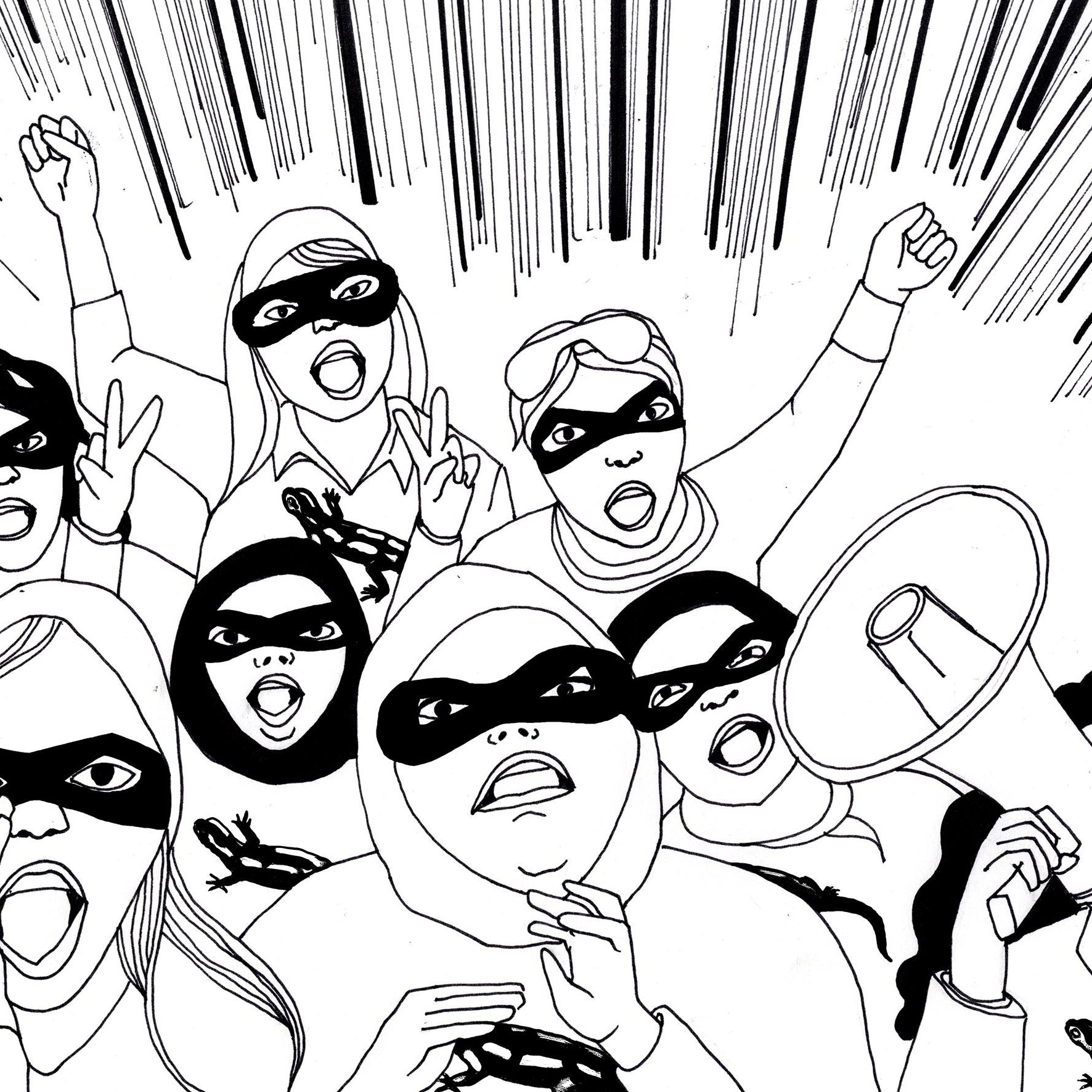 L'immagine rappresenta un gruppo di persone che indossano maschere nere e stanno esprimendo la loro energia e determinazione. Alcune alzano i pugni e altre fanno il segno della vittoria, mentre una persona tiene un megafono, suggerendo un'atmosfera di protesta o attivismo. Lo sfondo presenta linee dinamiche che accentuano il loro entusiasmo e la loro passione. L'illustrazione è in uno stile fumettistico, con contorni netti e priva di colori.
