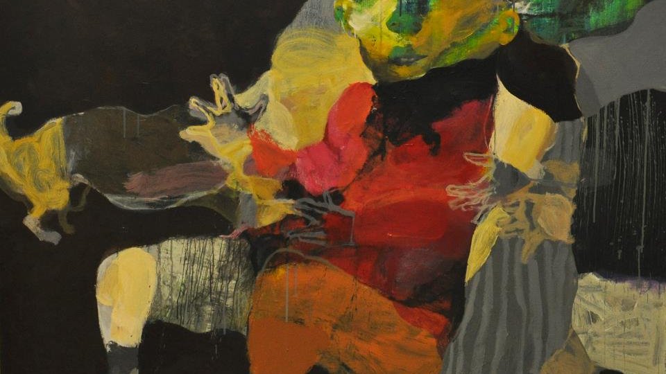 L'image semble représenter une scène abstraite avec des figures humaines aux traits stylisés et aux couleurs vives. On peut distinguer des corps aux contours flous, donnant une impression de mouvement. Les visages, aux teintes vertes et jaunes, sont expressifs mais non réalistes, ajoutant à l'aspect surréaliste de l'œuvre. Le fond sombre contraste avec les couleurs plus lumineuses des figures, créant une atmosphère intrigante. L'ensemble évoque peut-être des émotions complexes ou des interactions humaines.