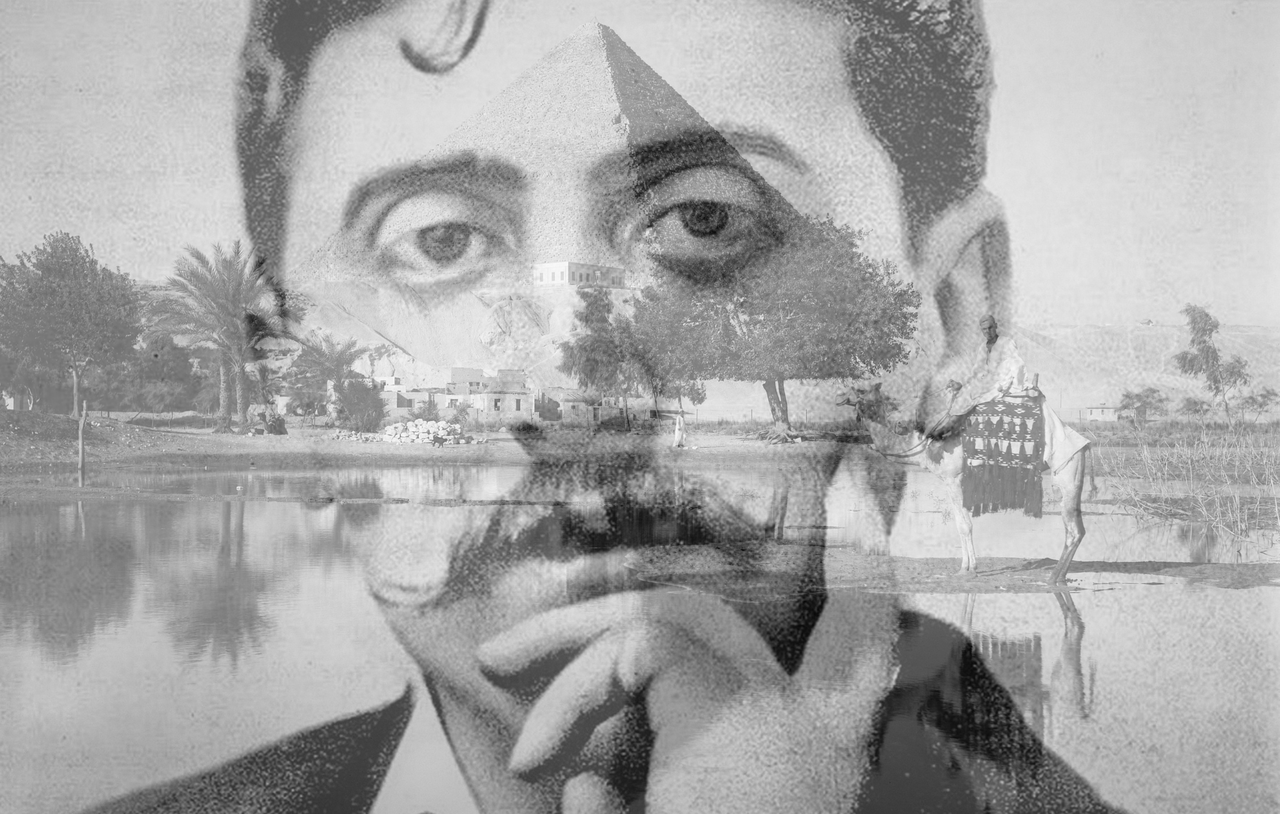 L'immagine presenta una composizione artistica che sovrappone un ritratto di un uomo con un baffo, il quale sembra riflettere pensieroso, a un paesaggio che include una vista su un lago o un fiume e alcuni alberi. Sullo sfondo, si intravedono elementi naturali e architetturali che creano un'atmosfera nostalgica. L'uso della tecnica di sovrapposizione conferisce profondità e un senso di connessione tra il soggetto e il paesaggio circostante.