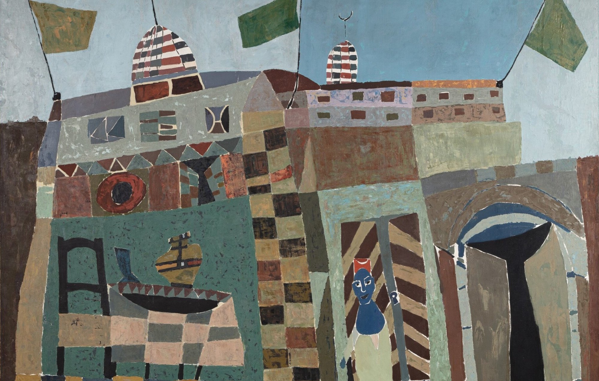 L'image représente une scène stylisée avec des formes géométriques et des couleurs vives. On y voit des bâtiments aux murs ornés de motifs variés, des drapeaux flottants au-dessus, et une porte arquée. Une figure humaine se tient à côté d'une des entrées, ajoutant une dimension narrative à la composition. L'ensemble dégage une atmosphère artistique, évoquant un mélange de cultures et d'influences. Le style est clairement inspiré de l'art moderne, avec des formes simplifiées et une palette de couleurs harmonieuses.