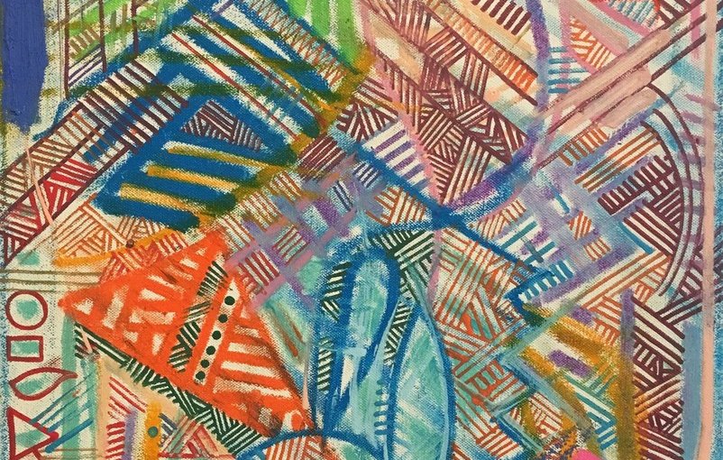 Cette image est une œuvre abstraite colorée, composée de formes géométriques et de motifs complexes. On y voit des lignes et des textures qui s'entrelacent, créant une sensation de mouvement et de profondeur. Les couleurs vives, telles que le bleu, le vert, le rouge et le jaune, se mêlent harmonieusement, apportant une énergie dynamique à l'ensemble. Le contraste entre les différentes zones et les motifs répétitifs donne à l'œuvre une impression de richesse visuelle et d'exploration artistique.