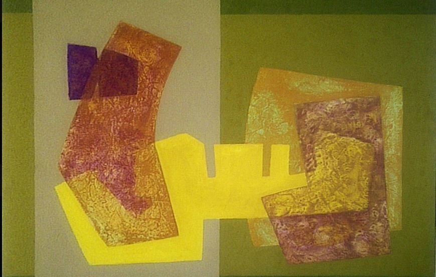 L'image représente une œuvre abstraite avec des formes géométriques et des couleurs variées. On peut y voir des teintes de jaune, de violet, de marron et de vert qui s'entremêlent sur un fond vert. Les différentes formes semblent être superposées, créant une composition dynamique et intéressante. L'ensemble dégage une impression de mouvement et de créativité, typique de l'art abstrait.