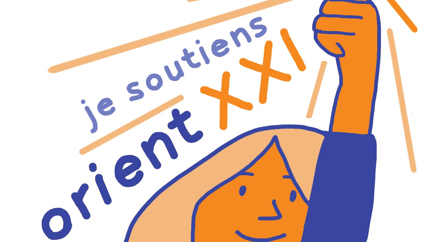 The image features a stylized illustration of a person with light-colored hair, raising a hand that holds a coin. The person has a cheerful expression. Surrounding them are the words "je soutiens" (I support) and "orient XXI," with various stylized effects like rays emanating from the coin, emphasizing a feeling of positivity and support. The color scheme includes shades of orange and blue.