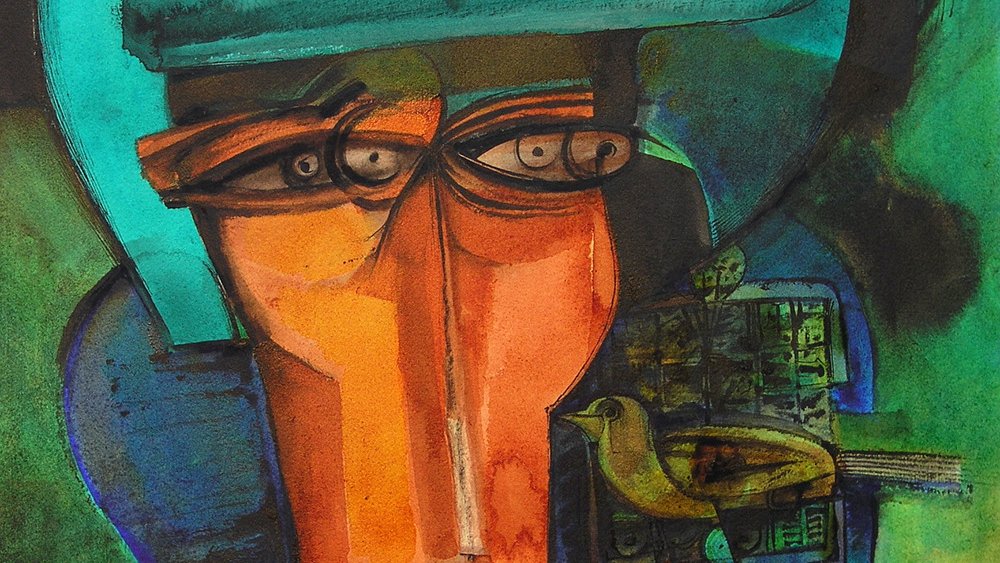 Cette image représente une œuvre d'art abstraite. On y voit un personnage avec une forme de visage stylisée, composé de couleurs vives comme l'orange et le turquoise. Le regard du personnage est accentué par des lunettes, et des éléments géométriques et texturés entourent sa tête. L'arrière-plan est d'un vert profond, ce qui crée un contraste marqué avec les couleurs du visage. L'ensemble de la composition évoque une atmosphère à la fois mystérieuse et expressive.