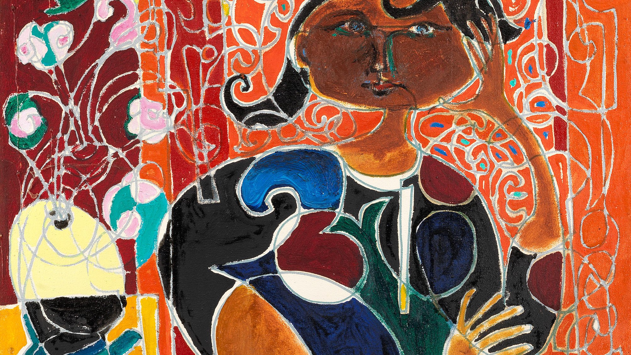 L'image représente une œuvre d'art colorée et stylisée d'une femme assise. Elle est entourée de motifs abstraits et de formes géométriques. La femme a une posture réfléchissante, sa main posée sur son front, ce qui donne une impression de contemplation. Les couleurs vives et les lignes fluides créent un contraste dynamique, intégrant des éléments floraux en arrière-plan. L'ensemble de l'œuvre évoque un mélange de modernité et d'expression artistique.