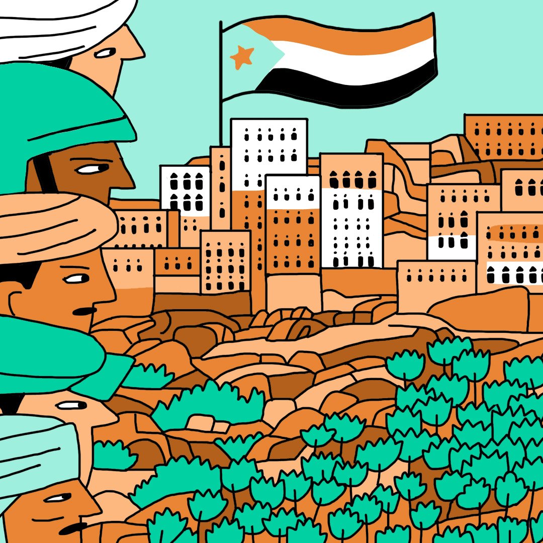 این تصویر نمایی انتزاعی از وضعیت نظامی یا سیاسی در یک منطقه کوهستانی را نشان می‌دهد. در پس‌زمینه، خانه‌هایی با معماری سنتی در کنار یک کوه قرار دارند و پرچم یمن که دارای نوارهای سیاه، سفید و نارنجی است در بالای آسمان به اهتزاز درآمده است. در جلو، شخصیت‌های انسانی با پوشش‌های نظامی و سرپوش‌های مختلف قرار دارند که به نظر می‌رسد در حال تبادل نظر یا بحث در مورد موضوعی مهم هستند. رنگ‌ها در تصویر شاد و متنوع هستند، با استفاده از سبز، قهوه‌ای و رنگ‌های گرم.