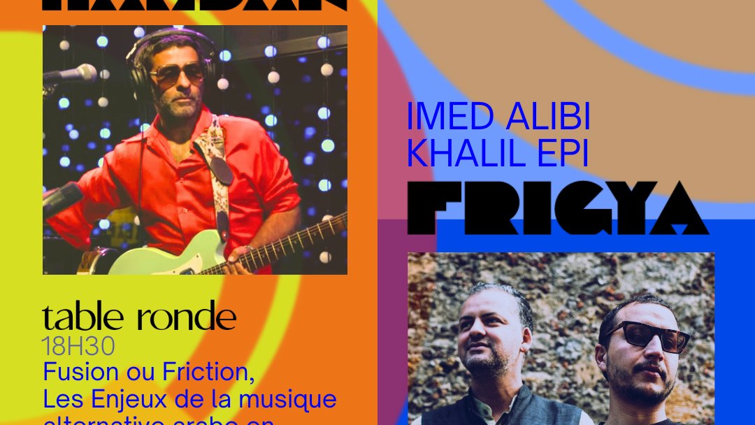 L'image est une affiche d'événement. À gauche, un homme avec une guitare, nommé Zeid Hamdan, et à droite, le nom "Frigya" avec deux autres artistes mentionnés. Les détails incluent une table ronde à 18h30 et un concert à 20h30, le tout le 19 avril 2025 à FGO Barbara, Paris.