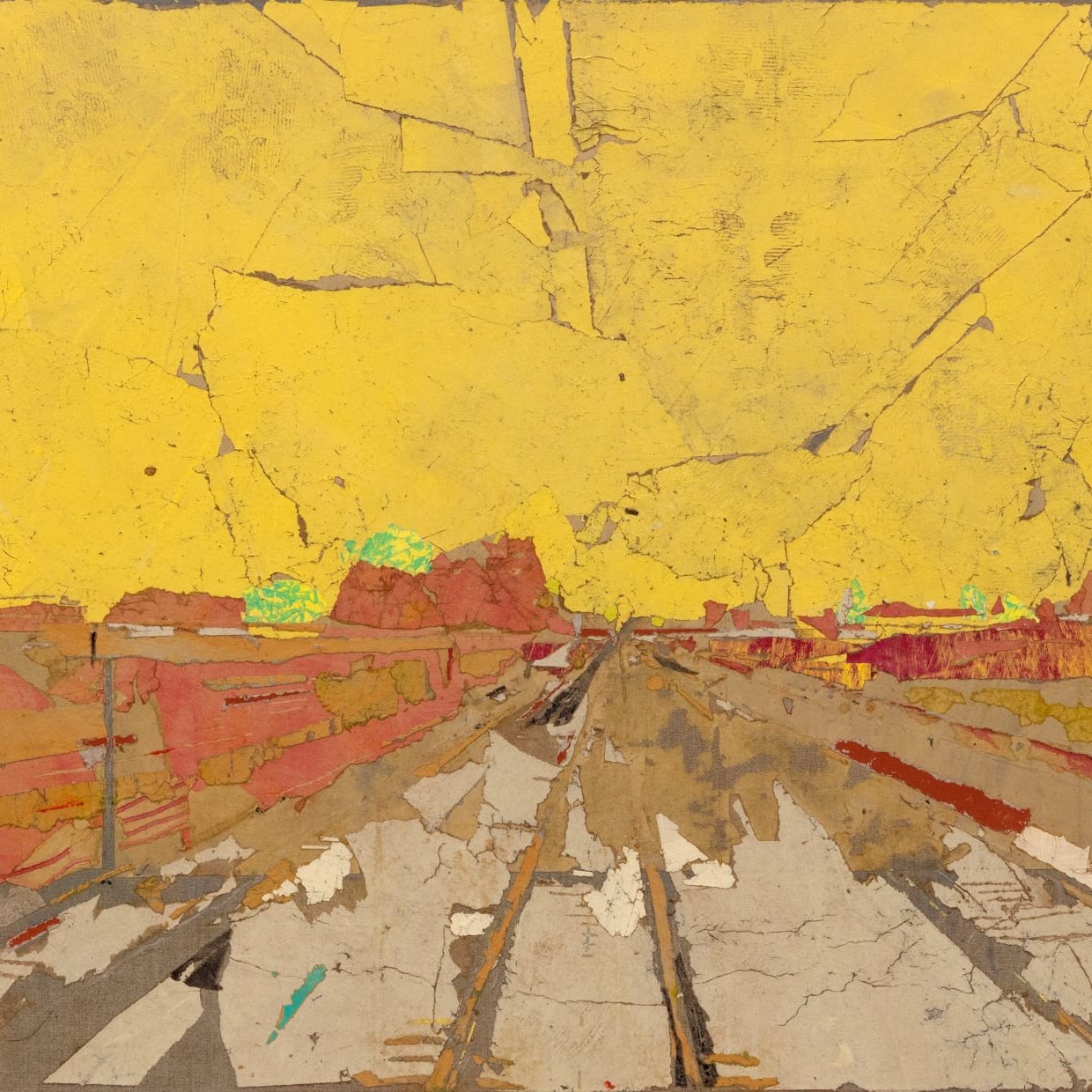 L'image montre une scène abstraite où les couleurs dominantes sont le jaune et le rouge, créant une atmosphère vibrante. Des lignes suggèrent un chemin ou une route, avec des textures qui semblent usées ou vieillies. Les détails flous à l'arrière-plan évoquent des formes de paysage, tandis que la palette de couleurs donne une impression de chaleur et d'énergie. Dans l'ensemble, l'œuvre dégage une sensation de mouvement et de profondeur, malgré son style graphique.