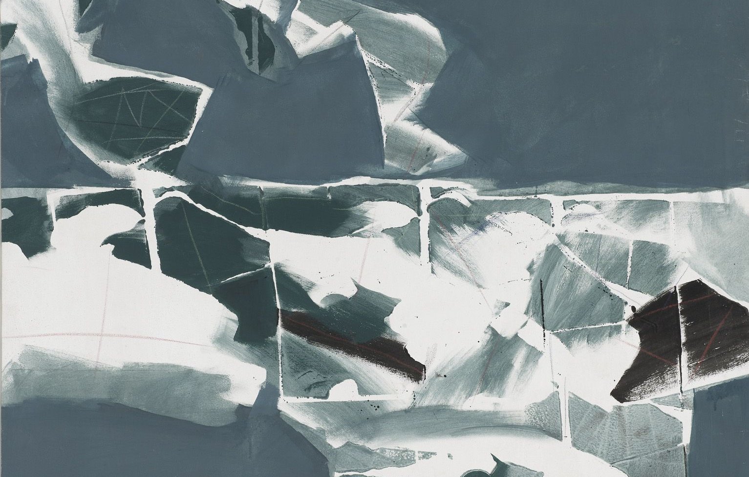 L'image présente une œuvre abstraite avec des formes et des motifs qui semblent fragmentés. Les nuances de gris, de blanc et de noir dominent la composition, créant un contraste saisissant. Les éléments semblent s'entremêler, donnant une impression de mouvement et de dynamisme. La texture de la peinture est visible, ajoutant de la profondeur et de la richesse à l'ensemble. L'œuvre suscite une réflexion sur la perception et l'interprétation des formes.