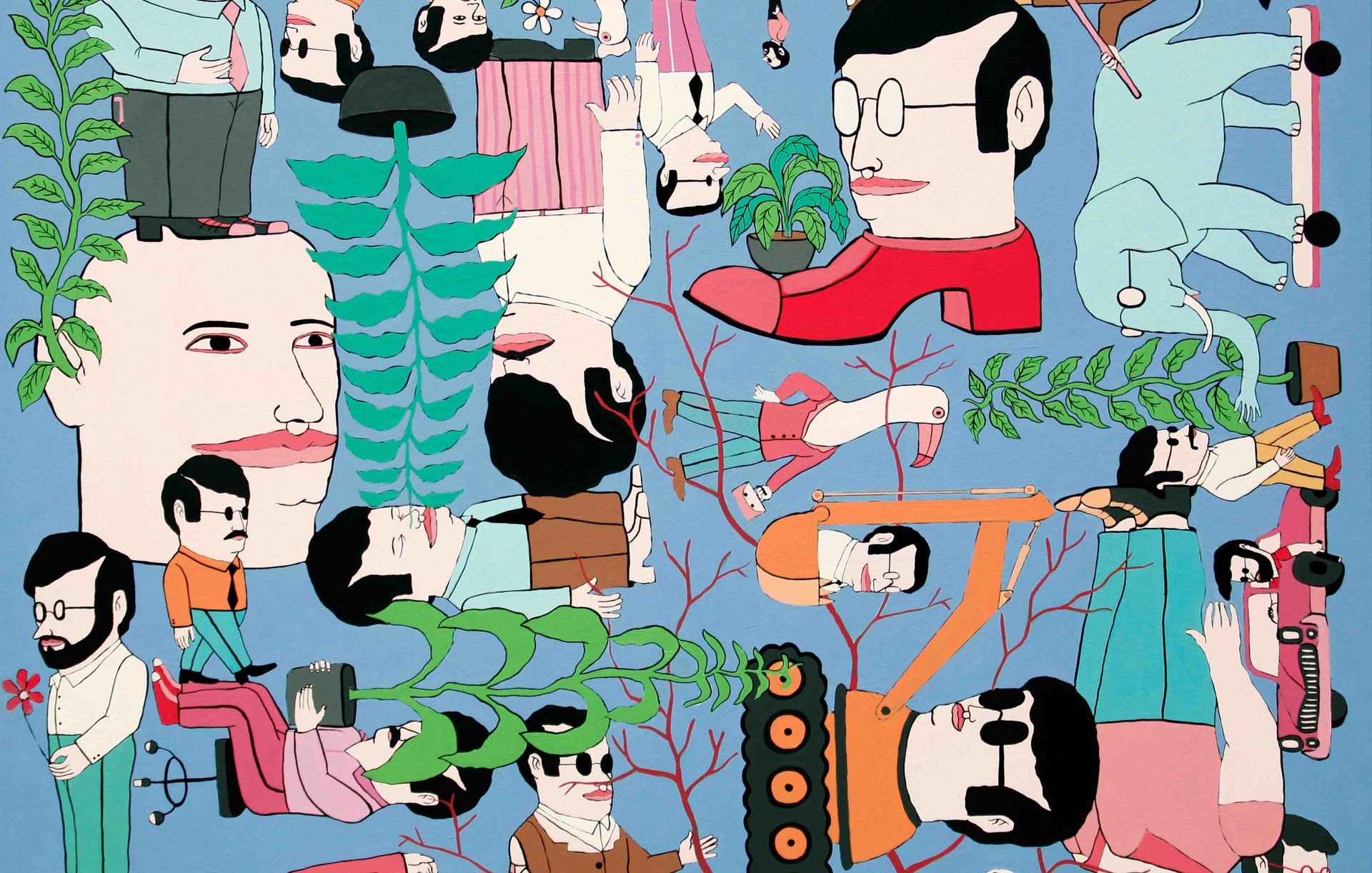 L'image présente une composition colorée et imaginative, mêlant des personnages stylisés aux formes géométriques. On y voit des figures humaines aux visages expressifs, certaines sont à l'endroit tandis que d'autres sont inversées ou de profil. Les personnages interagissent avec des éléments naturels, comme des plantes et des arbres, intégrés dans la scène. L'arrière-plan est d'un bleu vif, ce qui contraste avec les couleurs éclatantes des personnages et des objets qui les entourent. L'ensemble dégage une atmosphère ludique et surréaliste.