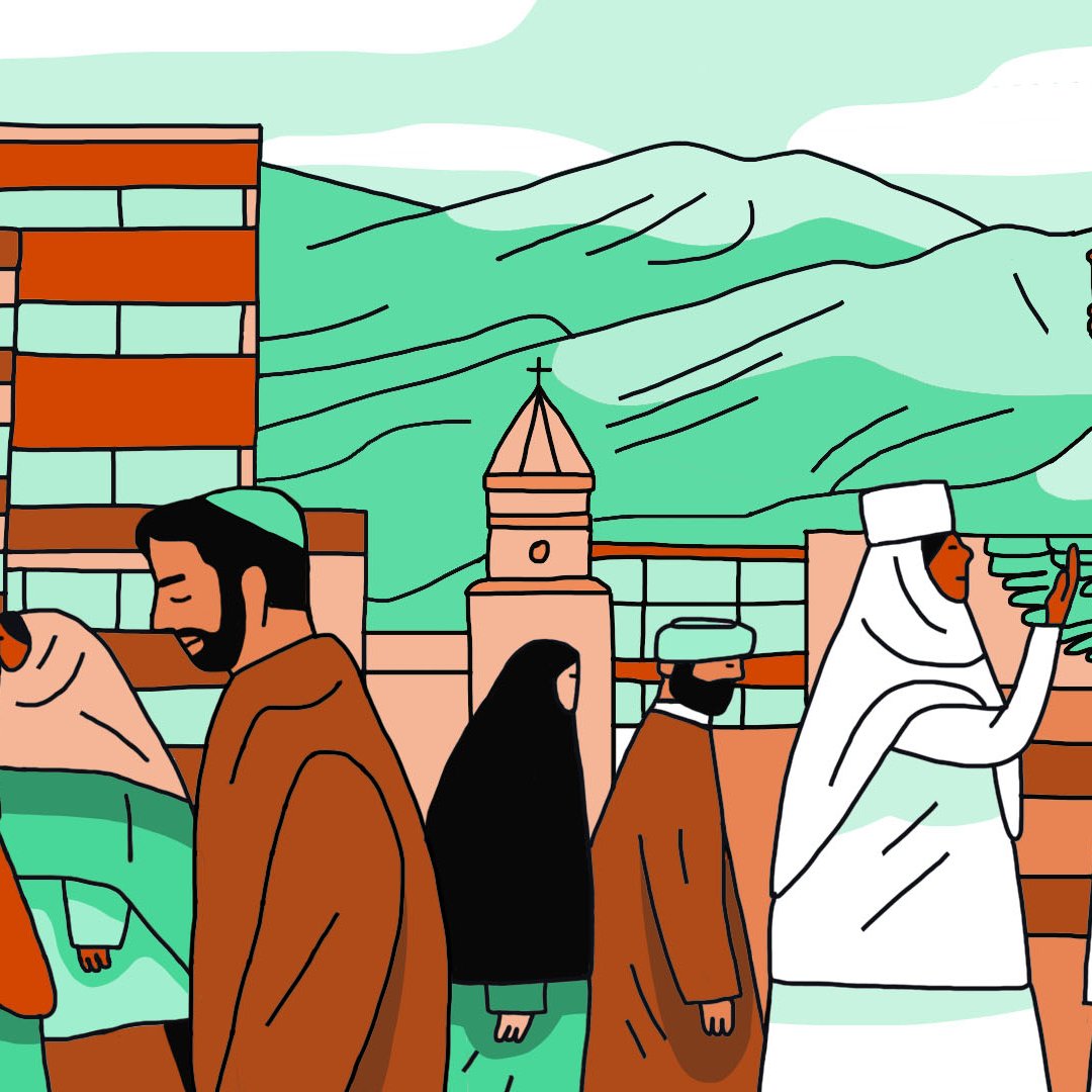 L'image représente une scène urbaine animée avec des personnes de différentes cultures et traditions. On peut voir des gens marchant en direction opposée, vêtus de manière variée, ce qui suggère une diversité culturelle. À l'arrière-plan, on aperçoit des montagnes et des bâtiments, ainsi qu'une mosquée avec un minaret, une église et d'autres structures architecturales. Les couleurs utilisées sont douces et principalement en nuances de vert, orange et beige, créant une atmosphère chaleureuse et accueillante. Cette illustration évoque le mélange harmonieux de différentes cultures et symboles religieux.