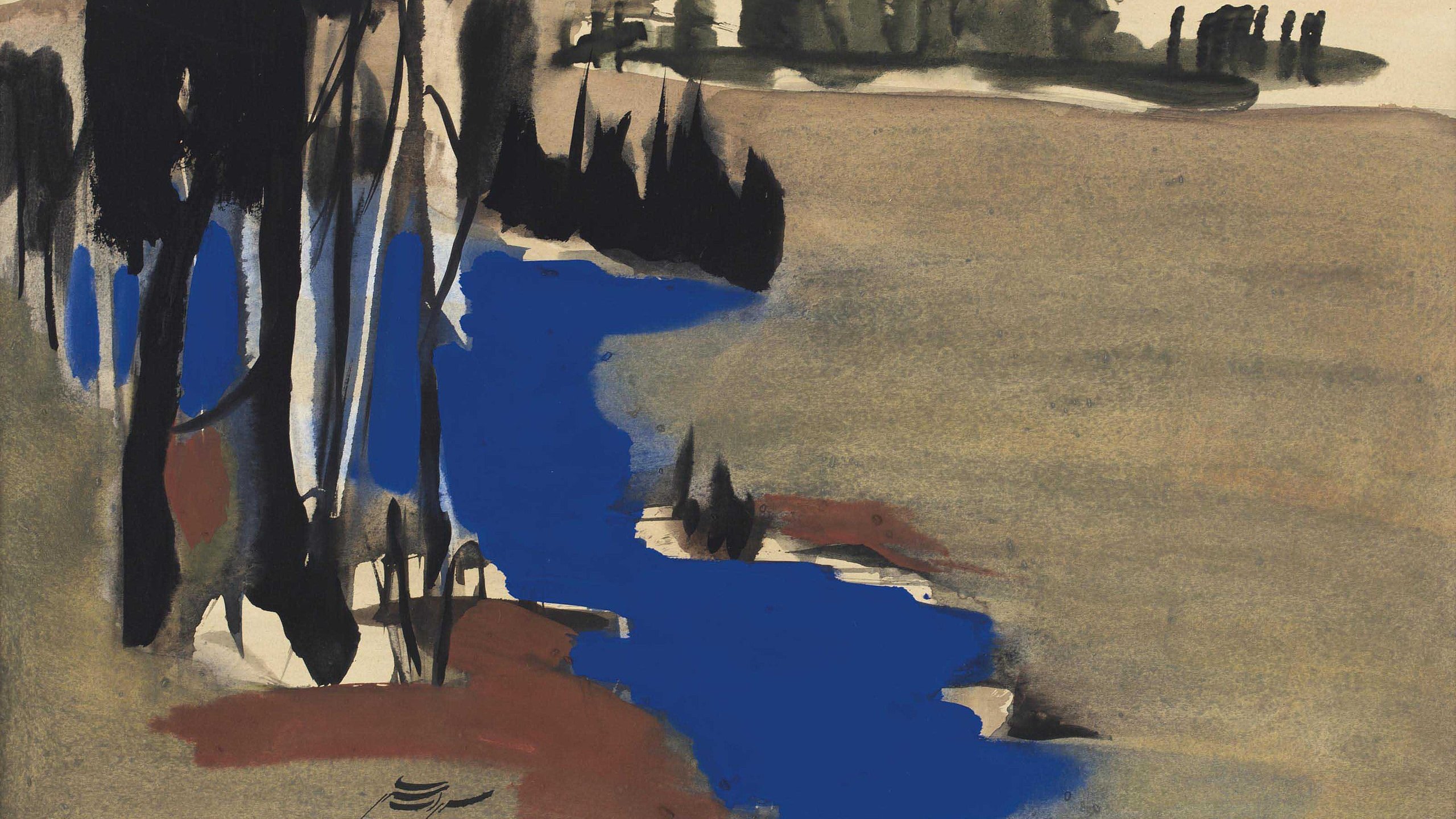 L'image représente un paysage stylisé, où l'on voit une étendue d'eau bleue traversant une surface terreuse aux teintes brunes et beige. Des arbres sombres se dressent sur le bord de l'eau, créant un contraste intéressant avec le ciel clair et les collines en arrière-plan, qui sont suggérées par des touches de vert. L'ensemble dégage une atmosphère sereine et poétique, avec une utilisation expressive des couleurs et des formes.