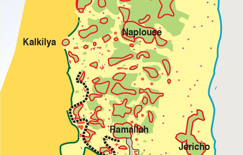 L'image est une carte représentant la région de la Palestine, mettant en évidence différentes zones et éléments liés à la présence israélienne. Elle montre : - Les zones A et B, qui sont des territoires administrés respectivement par les Palestiniens et conjointement avec les Israéliens. - Les colonies israéliennes, indiquées par des zones colorées. - Les cordons de sécurité établis par les forces israéliennes autour des principales villes palestiniennes, ainsi que les points de contrôle israéliens. - Le mur de sécurité israélien, avec des sections déjà construites et d'autres en projet. Cette carte illustre les complexités géopolitiques de la région et les tensions entre les populations israélienne et palestinienne.