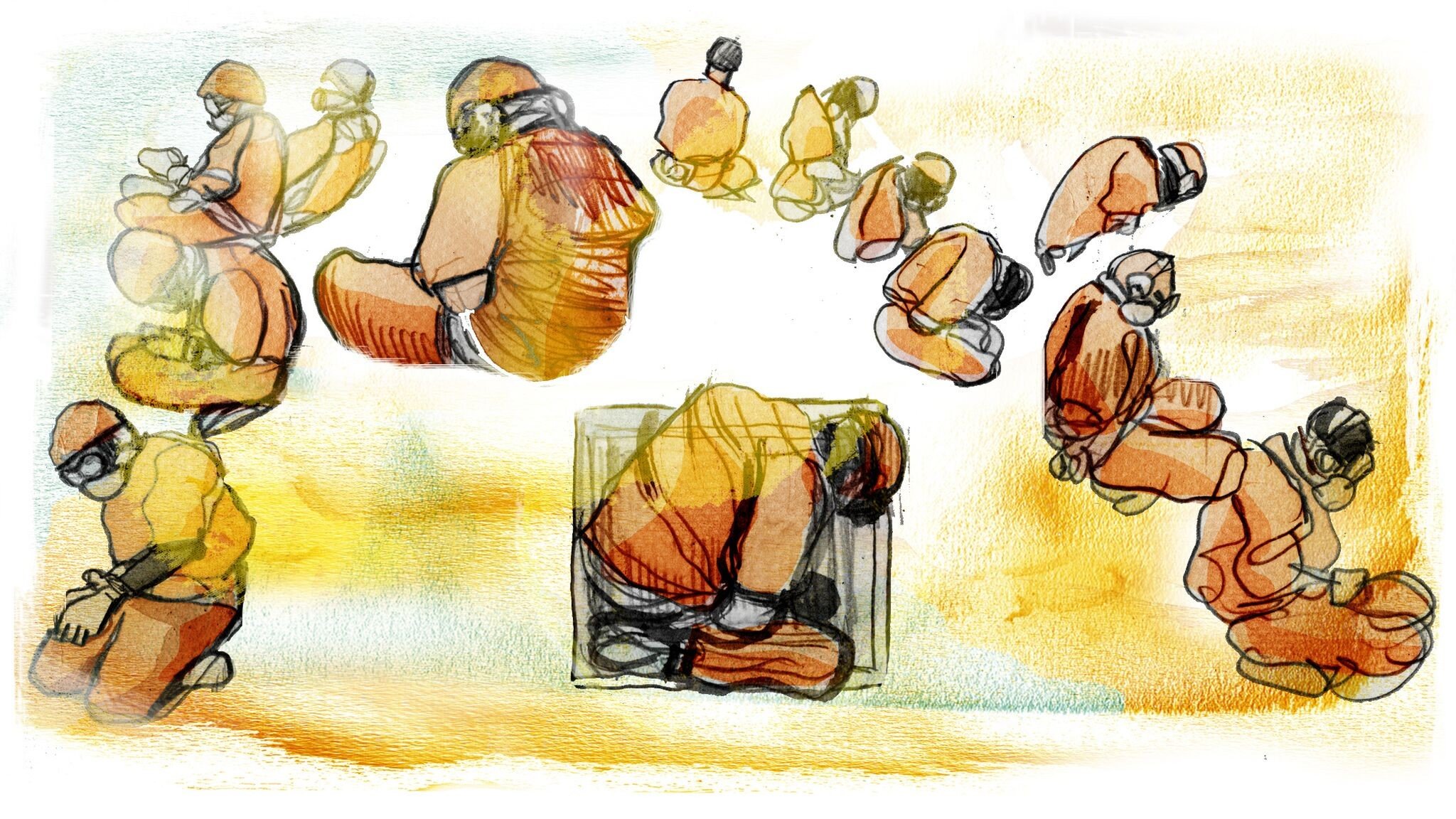 L'image représente une série de croquis illustrant des personnages en position accroupie ou assise, habillés dans des combinaisons orange. Les figures semblent être en mouvement ou en méditation, et l'ensemble est dessiné avec des traits fluides et des couleurs douces, principalement des teintes chaudes. L'utilisation de l'aquarelle crée un arrière-plan riche, évoquant une atmosphère de réflexion ou d'introspection. Les postures des personnages suggèrent une certaine tranquillité ou concentration.