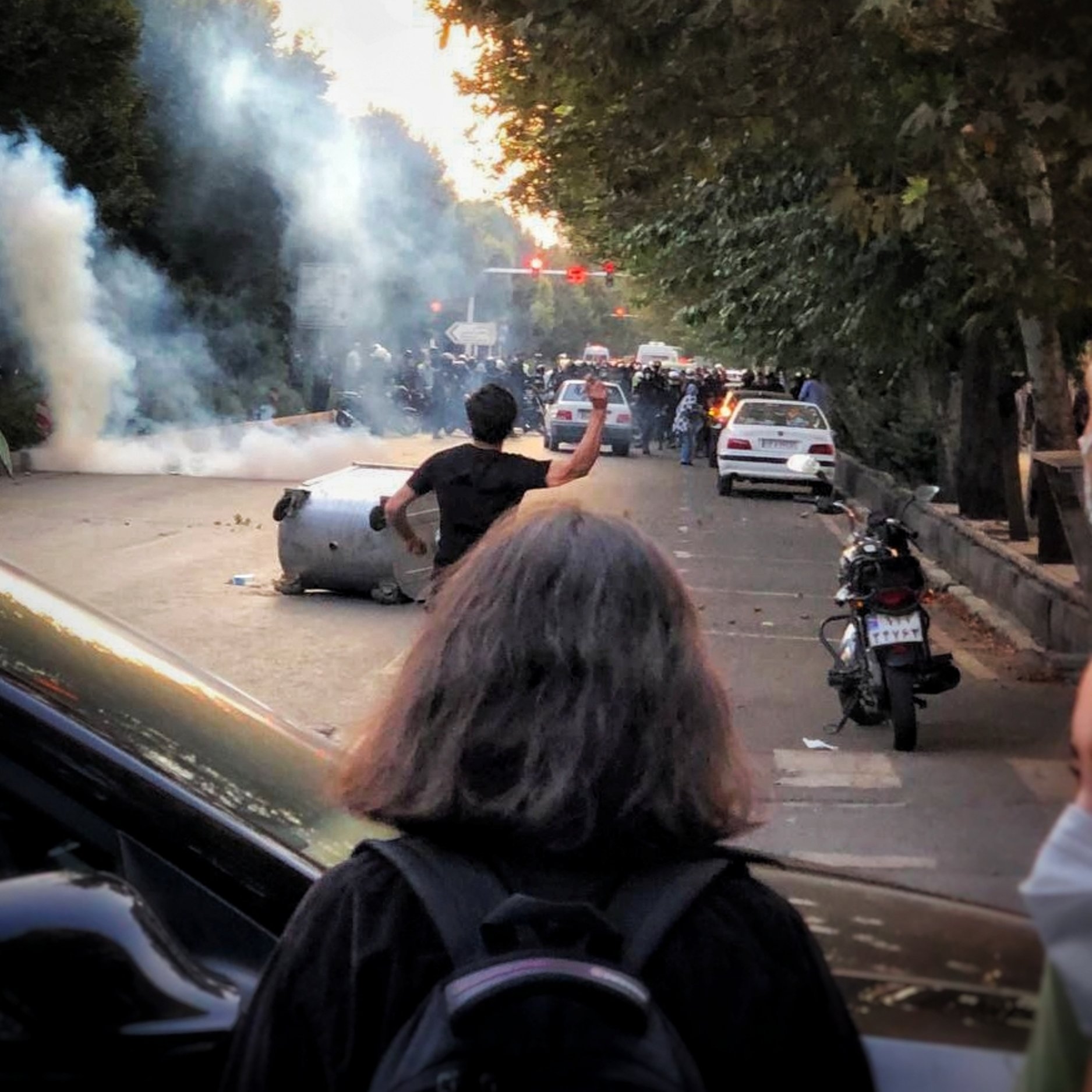 L'image montre une scène de manifestation où une personne se tient au premier plan, de dos, en levant un bras. En arrière-plan, on aperçoit de la fumée, probablement due à des gaz lacrymogènes, et des groupes de personnes dans une rue bordée d'arbres. Des véhicules sont également visibles, certains semblent perturbés, et l'atmosphère général évoque un sentiment de tension et de désordre.
