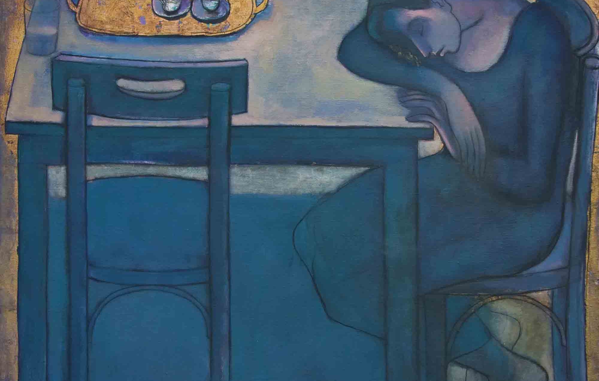 L'image montre une scène représentant une femme assise à une table. Elle semble pensivement penchée, la tête appuyée sur ses bras. La palette de couleurs est dominée par des tons de bleu, créant une atmosphère mélancolique. Sur la table, il y a un plateau avec deux tasses, ajoutant une touche de simplicité à la composition. Les lignes et les formes sont épurées, accentuant le sentiment d'introspection et de solitude.