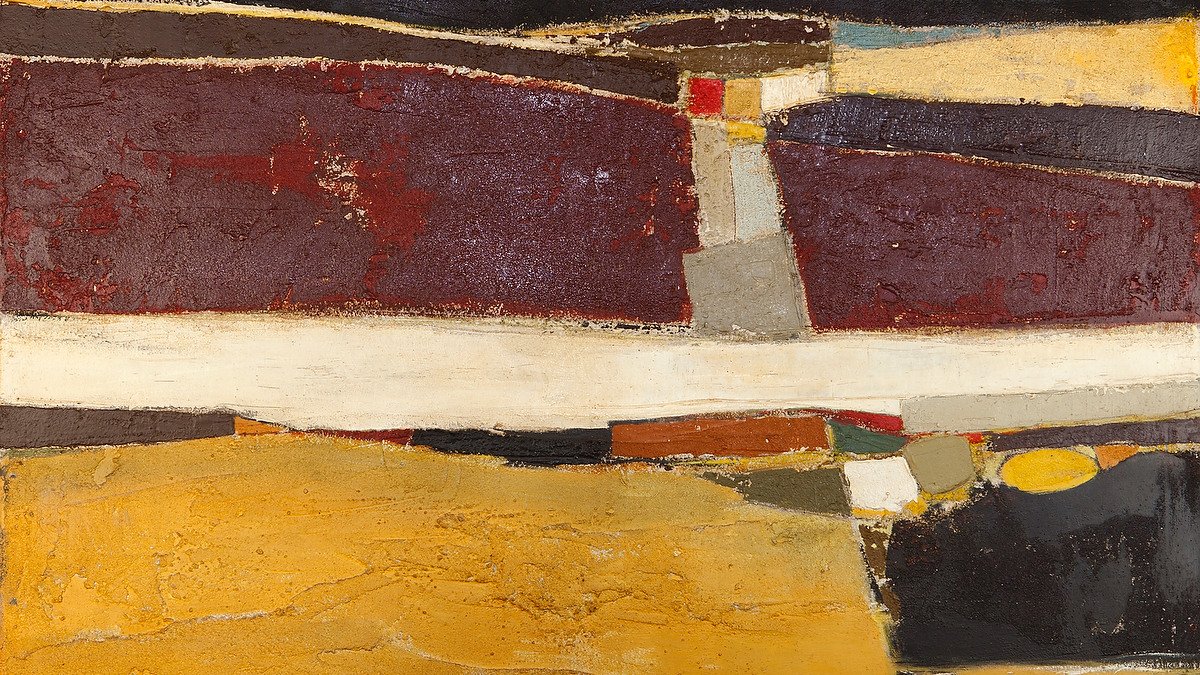 L'image représente une œuvre d'art abstraite. Elle est composée de différentes textures et couleurs, notamment des tons de rouge, de jaune, de noir et de blanc. Les formes semblent évoquer des paysages, avec des lignes horizontales et verticales qui créent une composition dynamique. Les couches de peinture ajoutent de la profondeur, donnant une impression de mouvement et de richesse visuelle. L'ensemble transmet une atmosphère à la fois calme et expressive.