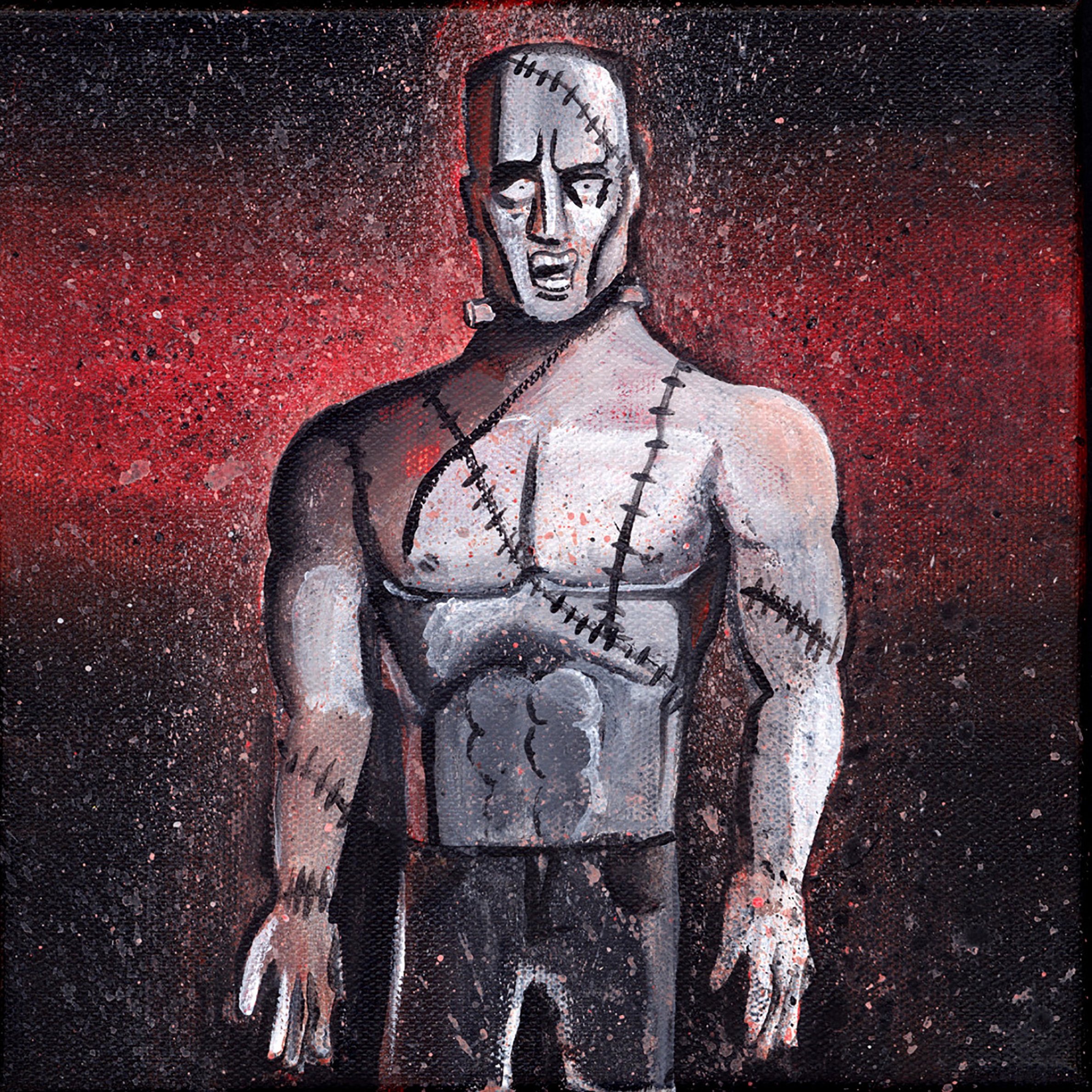 L'image montre une figure masculine au torse musclé, qui a l'air d'avoir été réparée avec des coutures visibles sur sa peau. Son expression faciale semble choquée ou inquiète. Le fond est composé de couleurs sombres, avec des touches de rouge, créant une atmosphère sombre et intense. Cette représentation peut évoquer des thèmes liés à la création, à la douleur ou à l'angoisse.