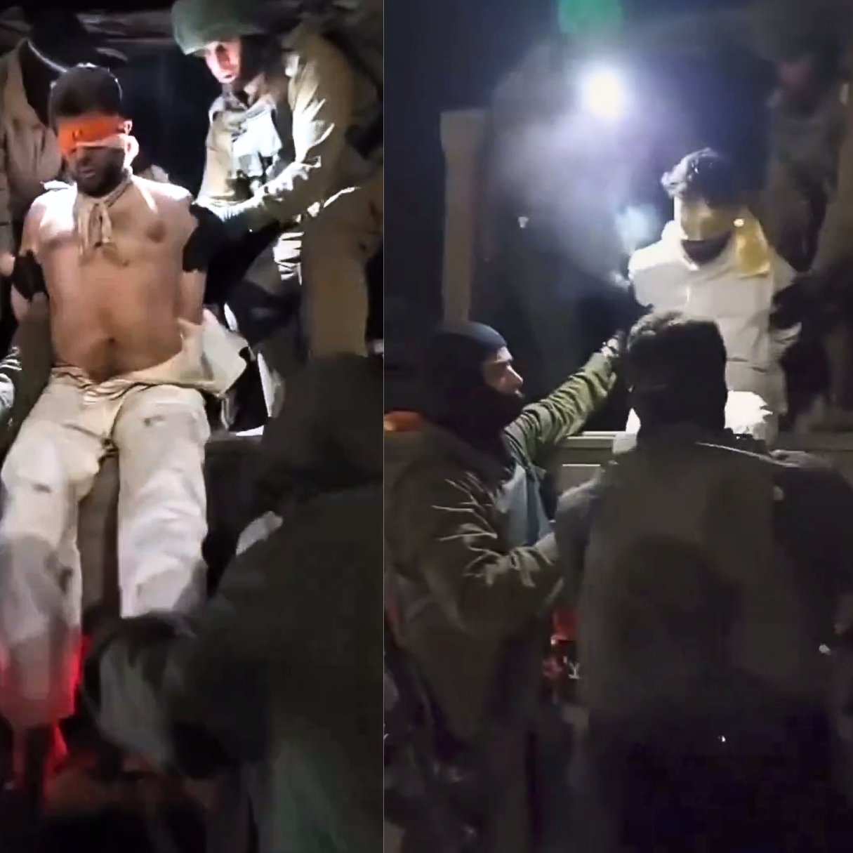 L'image montre plusieurs personnes en train d'être aidées ou manipulées par des individus en tenue militaire. Les personnes au sol semblent être enveloppées dans des vêtements clairs, certaines portant des bandeaux sur les yeux. L'éclairage provient d'une source intense, ce qui crée des ombres marquées et une atmosphère tendue. On peut distinguer des mouvements rapides et une certaine agitation dans la scène.