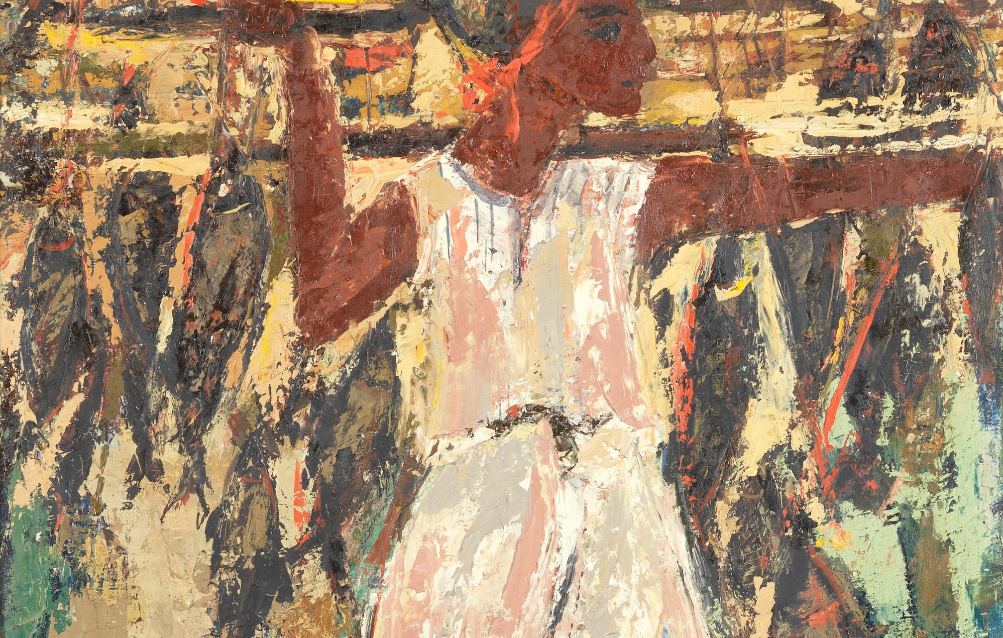 L'image représente une scène vibrante et expressive avec une figure humaine au premier plan. La personne semble être en train de tenir une canne ou un outil, peut-être en relation avec la pêche ou la récolte. L'arrière-plan est rempli de poissons suspendus, suggérant une activité de pêche ou un marché de produits de la mer. Les couleurs sont riches et contrastées, avec des touches de rouge, de bleu et de beige, créant une atmosphère dynamique et vivante. La composition évoque une connexion à la nature et un hommage à l'activité quotidienne.