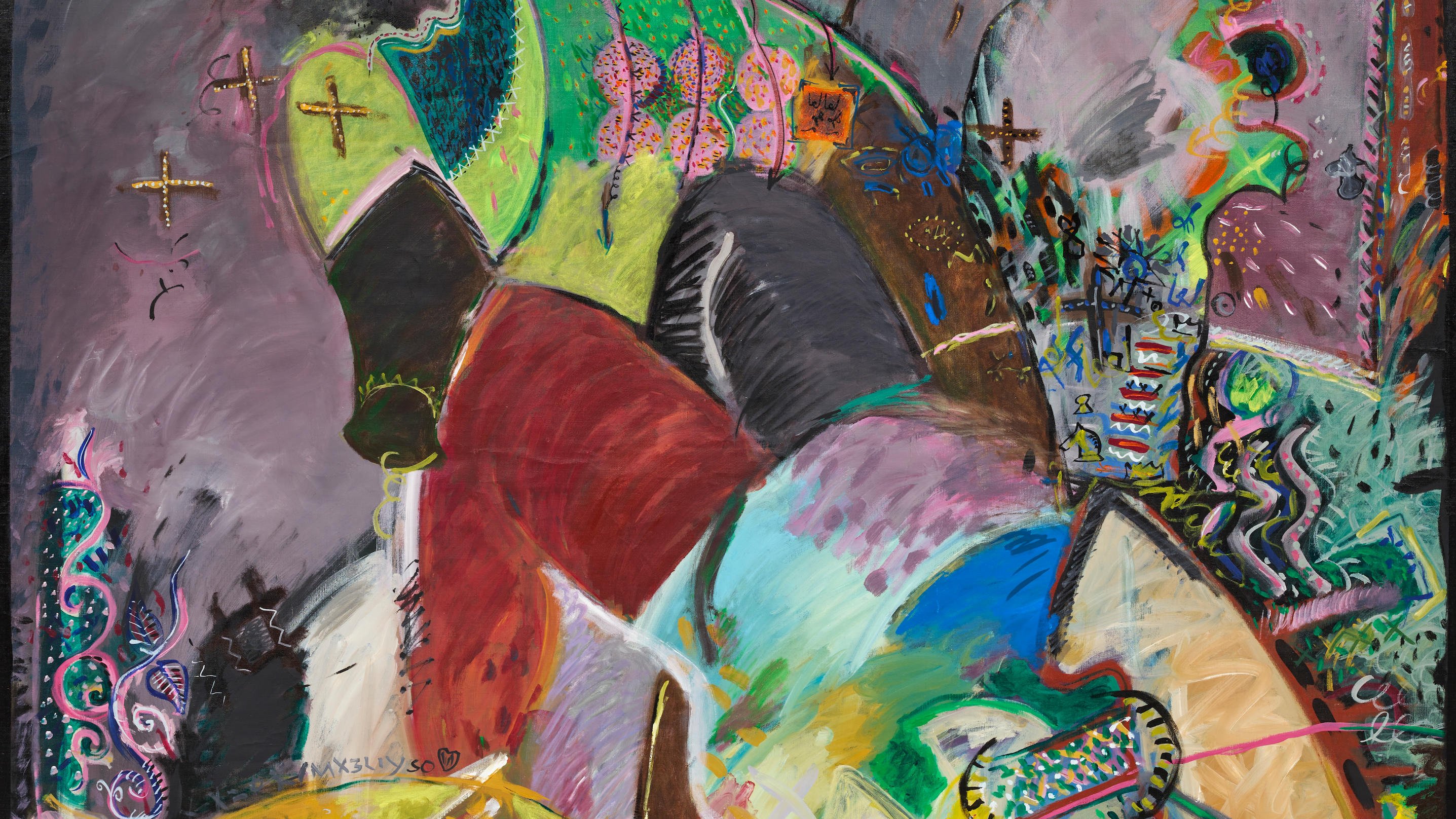 Cette image représente une œuvre d'art abstraite, remplie de couleurs vives et de motifs intrigants. On peut discerner des formes humaines stylisées se mêlant à des éléments géométriques et organiques. Les couleurs éclatantes, notamment des teintes de vert, de rose, et de bleu, créent une atmosphère dynamique et énergique. Les lignes et les textures ajoutent de la profondeur à la composition, évoquant une sensation de mouvement et d'émotion. L'ensemble est très expressif, invitant le spectateur à interpréter les formes et les couleurs de manière personnelle.