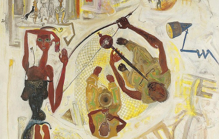 L'image présente une composition artistique avec des figures stylisées et des éléments abstraits. Au centre, on peut voir une femme aux traits distinctifs, avec des yeux expressifs et une posture dynamique. À droite, deux hommes semblent jouer de la musique, probablement avec des instruments. L'arrière-plan est composé de formes géométriques et de couleurs vives, créant une atmosphère vibrante et énergique. Des silhouettes et des motifs sont dispersés dans l'œuvre, apportant une dimension narrative et culturelle à l'ensemble.