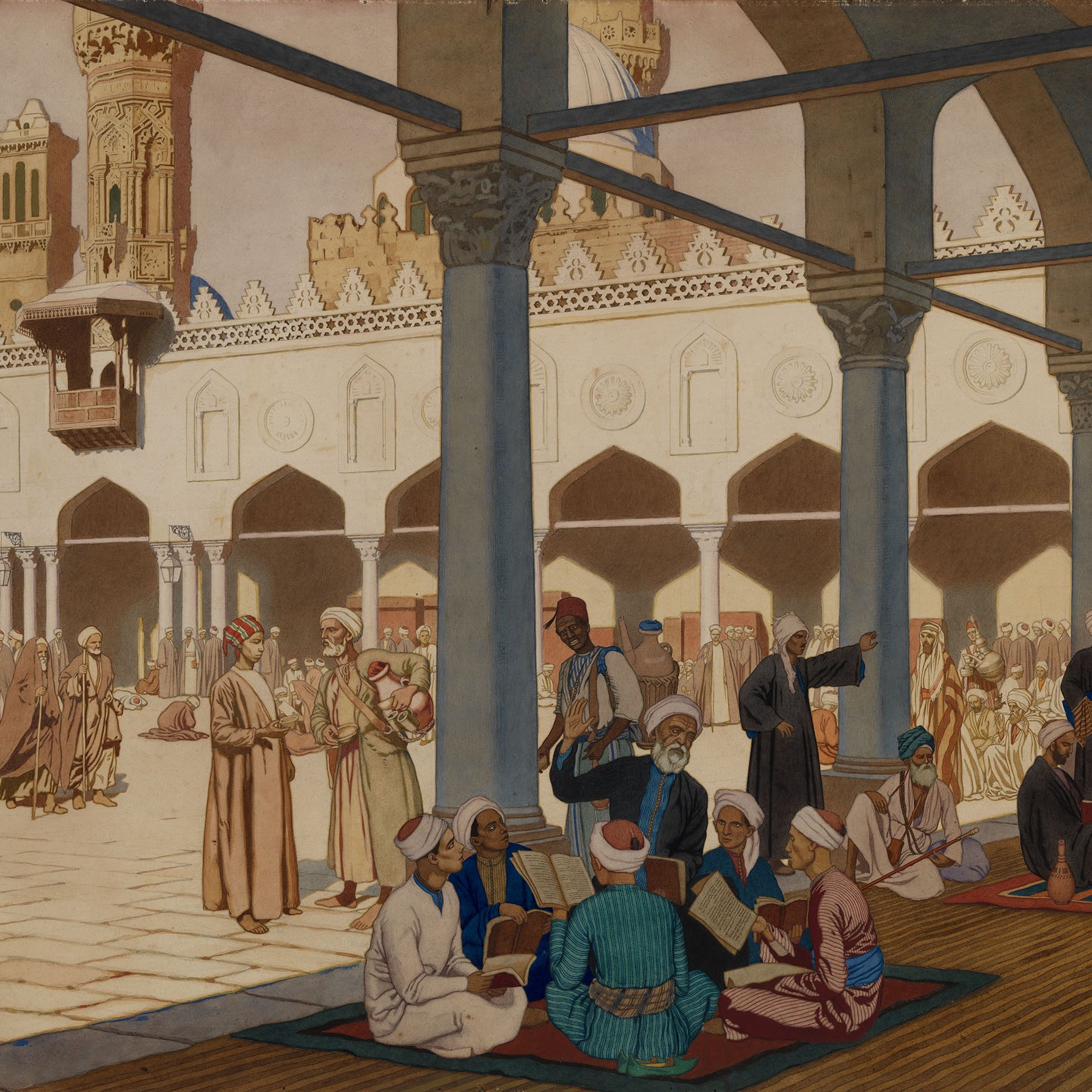 L'image représente une scène animée dans une cour, probablement d'une mosquée ou d'un lieu de culte. On peut voir des groupes de personnes assises sur des tapis, lisant des livres ou discutant, tandis que d'autres se déplacent dans l'espace. L'architecture environnante est ornée, avec des arches, des colonnes et des motifs décoratifs. Des vêtements traditionnels sont portés par les personnages, reflétant une allure culturelle riche. L'ensemble dégage une atmosphère de sérénité et de communauté.