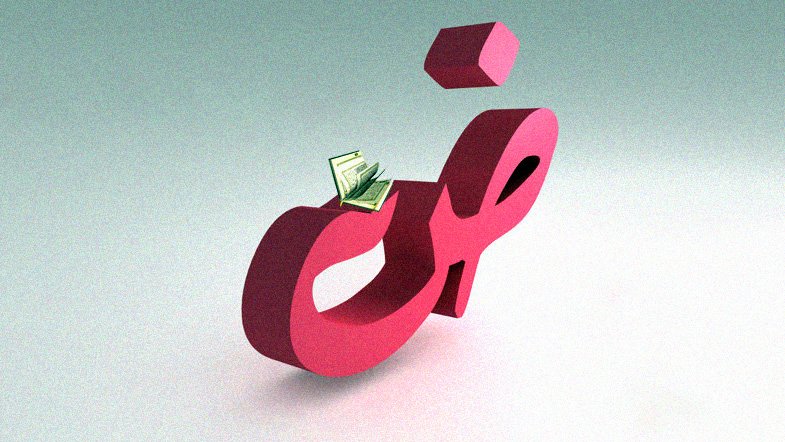 L'image montre une représentation en 3D d'un symbole stylisé, probablement une lettre ou un caractère, coloré en rose. Sur une partie de ce symbole, des billets de banque sont placés, ajoutant un élément financier ou économique à la composition. Le fond est d'une teinte claire, ce qui fait ressortir le symbole et les billets. L'ensemble donne une impression moderne et dynamique, suggérant un lien entre le symbolisme et l'argent.