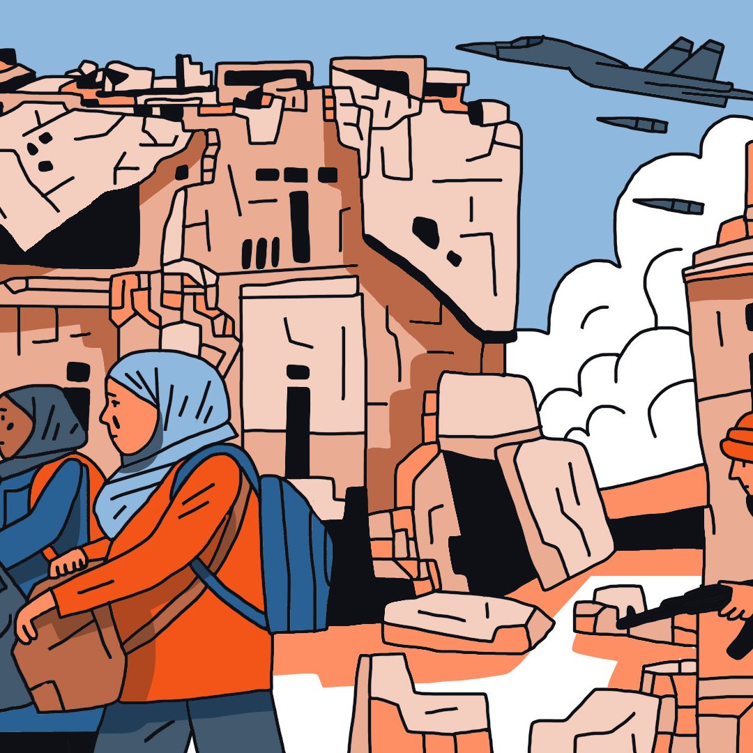 L'image représente une scène de conflit et de détresse. On y voit un groupe de personnes, dont une femme portant un enfant, en train de marcher à travers des ruines. Ils semblent fuyants, avec des expressions préoccupées. À l'arrière-plan, des bâtiments en désordre et détruits montrent les conséquences de la guerre. On aperçoit également un avion militaire au ciel, ajoutant à l'ambiance de tension. Une autre personne est armée, surveillant les environs. La palette de couleurs évoque un sentiment de désolation et de gravité.