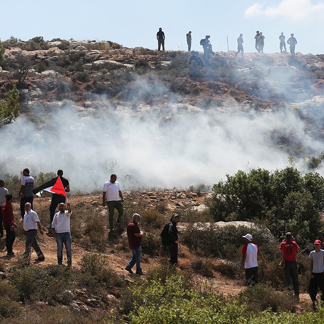 L'image montre une scène de manifestation en plein air. Au premier plan, plusieurs personnes portent des drapeaux palestiniens, tandis que d'autres semblent être en train de marcher ou de s'arrêter. Il y a une atmosphère de tension, avec de la fumée s'élevant dans l'air, probablement due à des gaz lacrymogènes ou à un autre type de dispersion de foule. En arrière-plan, on aperçoit des personnes positionnées sur une colline, qui semblent observer la situation. Le paysage est naturel, avec des arbres et des terrains rocheux.