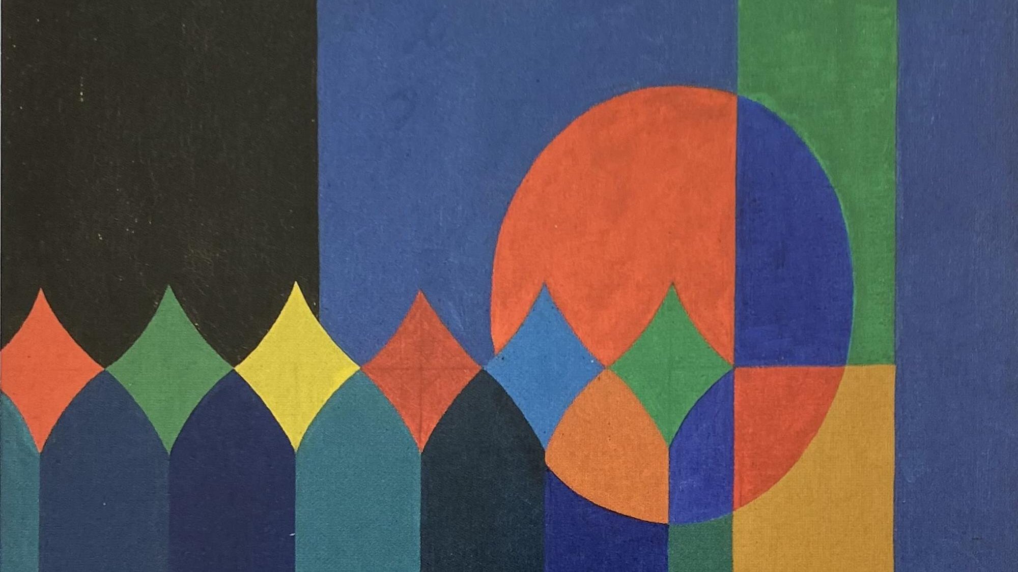 Composition abstraite aux formes géométriques, couleurs vives : bleu, rouge, vert, jaune.