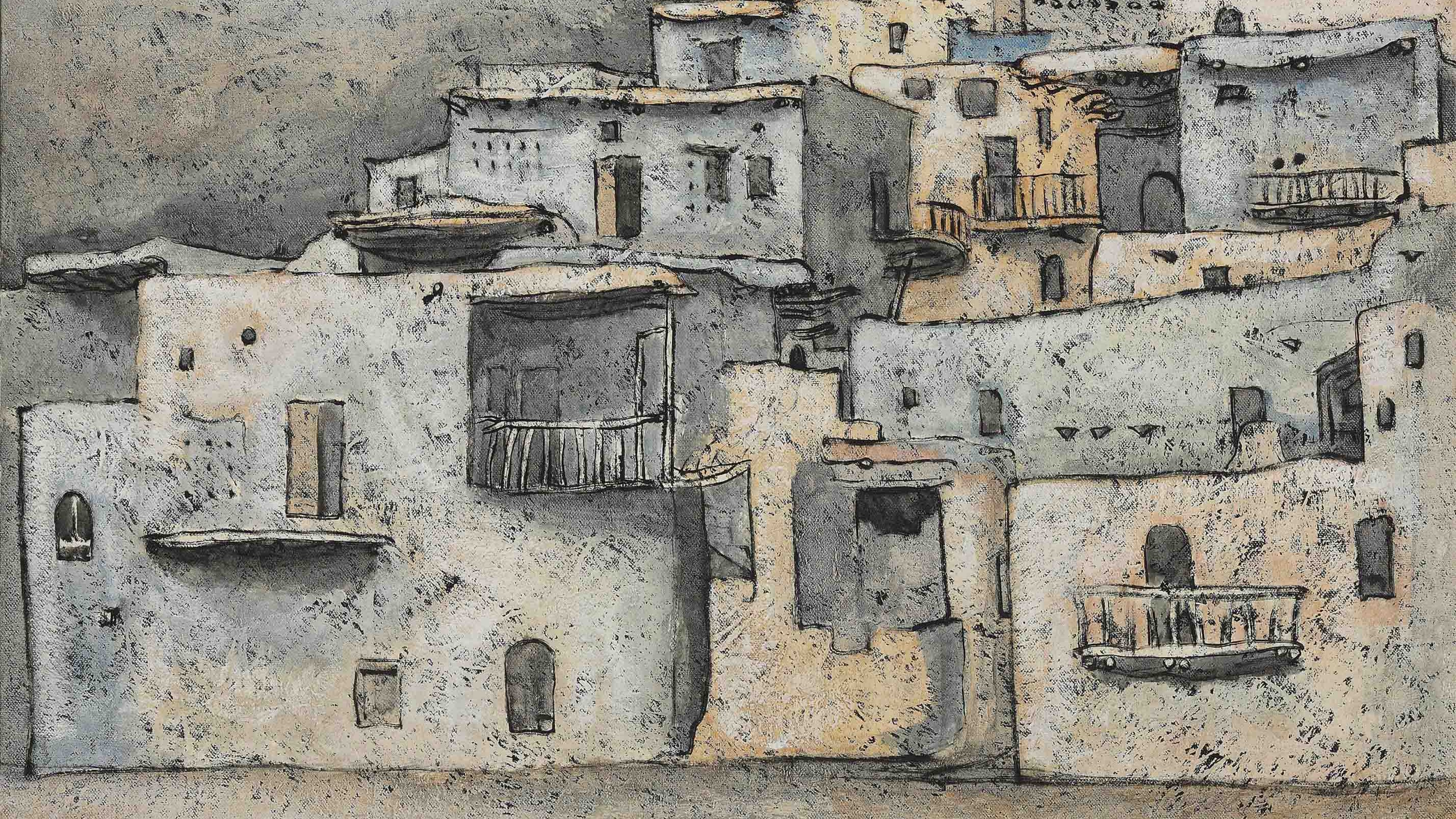 L'image représente un paysage architectural avec des maisons blanches qui semblent anciennes et usées. Les façades sont texturées, et certaines fenêtres et balcons sont visibles, ajoutant une dimension de vie à la scène. Les teintes sont neutres, avec des nuances de gris et de beige, créant une atmosphère calme et quelque peu mélancolique. Le style a une touche abstraite, mettant l'accent sur les formes plutôt que sur les détails réalistes.