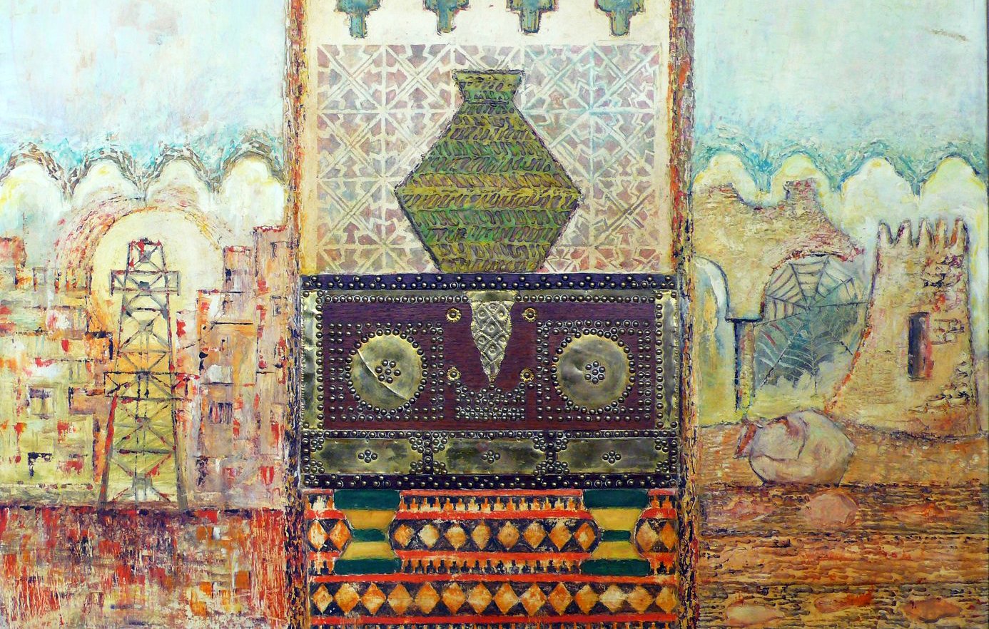 L'image présente une composition colorée et texturée, caractérisée par des motifs géométriques et des éléments architecturaux. Au centre, on aperçoit un grand vase stylisé sur un fond décoratif, entouré de motifs complexes. Les couleurs utilisées varient du beige et des tons terreux aux nuances vertes et dorées, créant une ambiance à la fois chaleureuse et mystique. Les éléments en arrière-plan pourraient évoquer des structures anciennes ou des paysages désertiques, ajoutant une dimension historique à l'œuvre. L'ensemble dégage une esthétique orientale, riche en détails et en symbolisme.